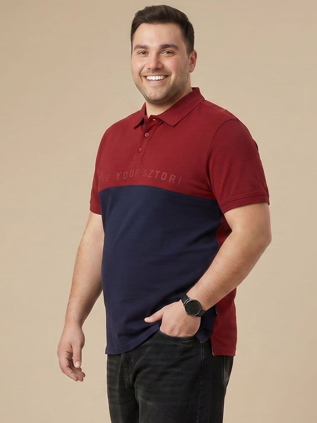 Sztori Plus Size Colourblocked Polo Collar Pure Cotton T-shirt - view 1