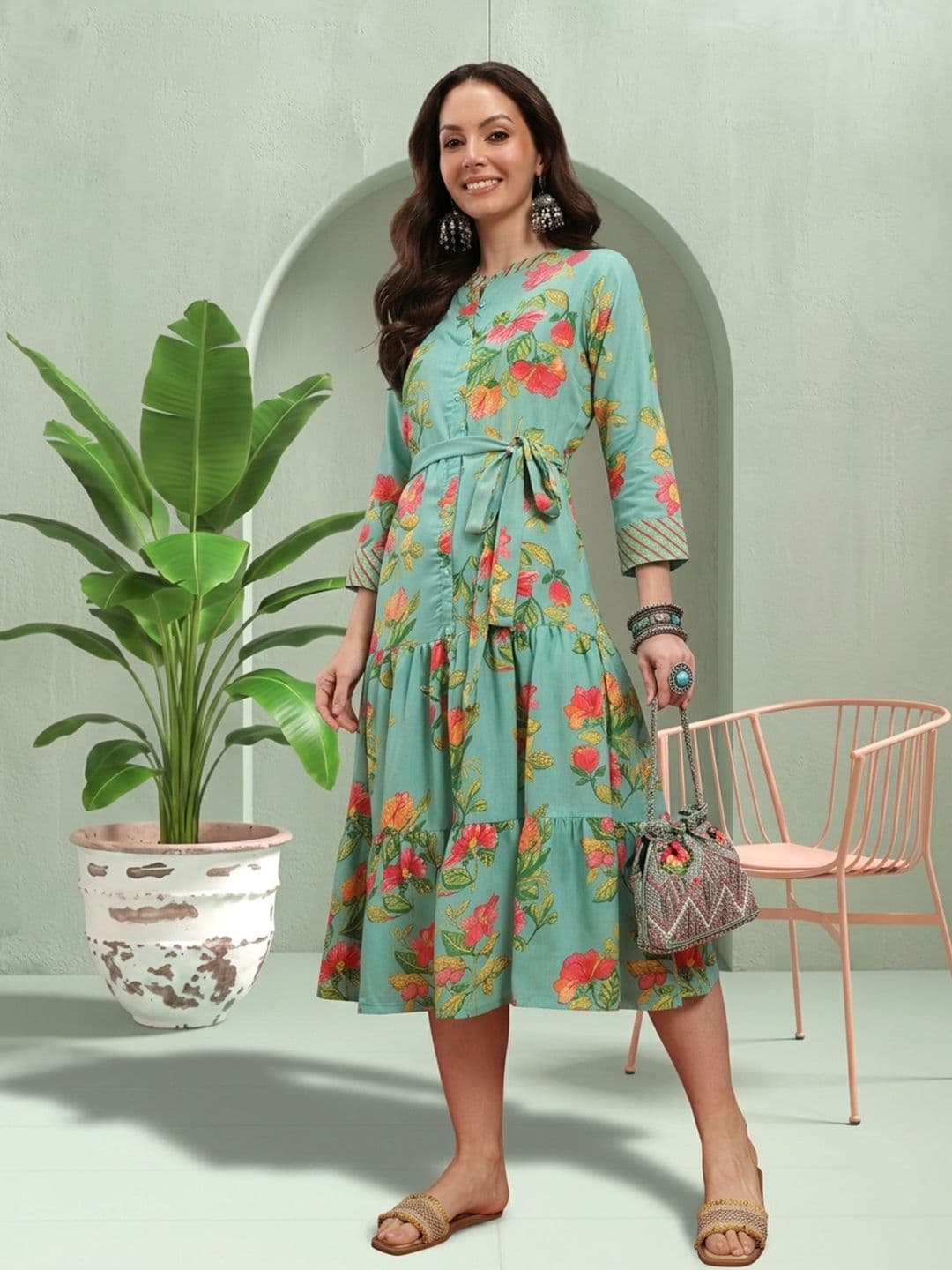 Sangria Floral Print Tiered Shirt Style Dress - view 1