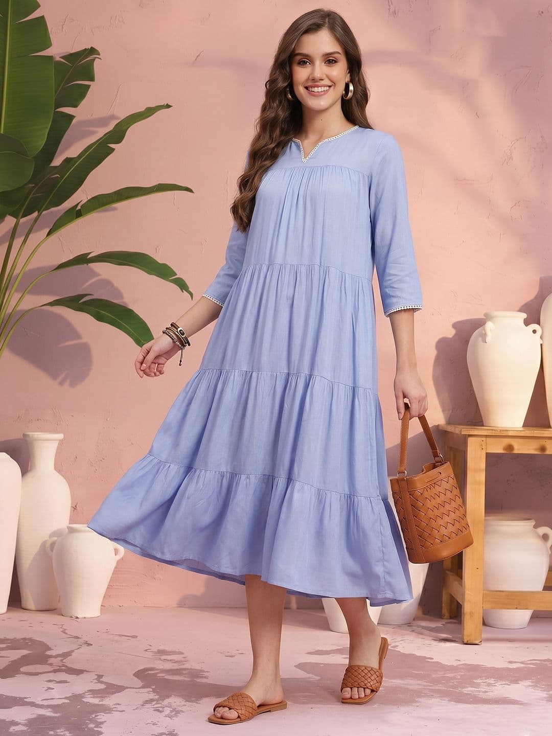 Sangria Lace Detail Tiered Midi A-Line Dress - view 1