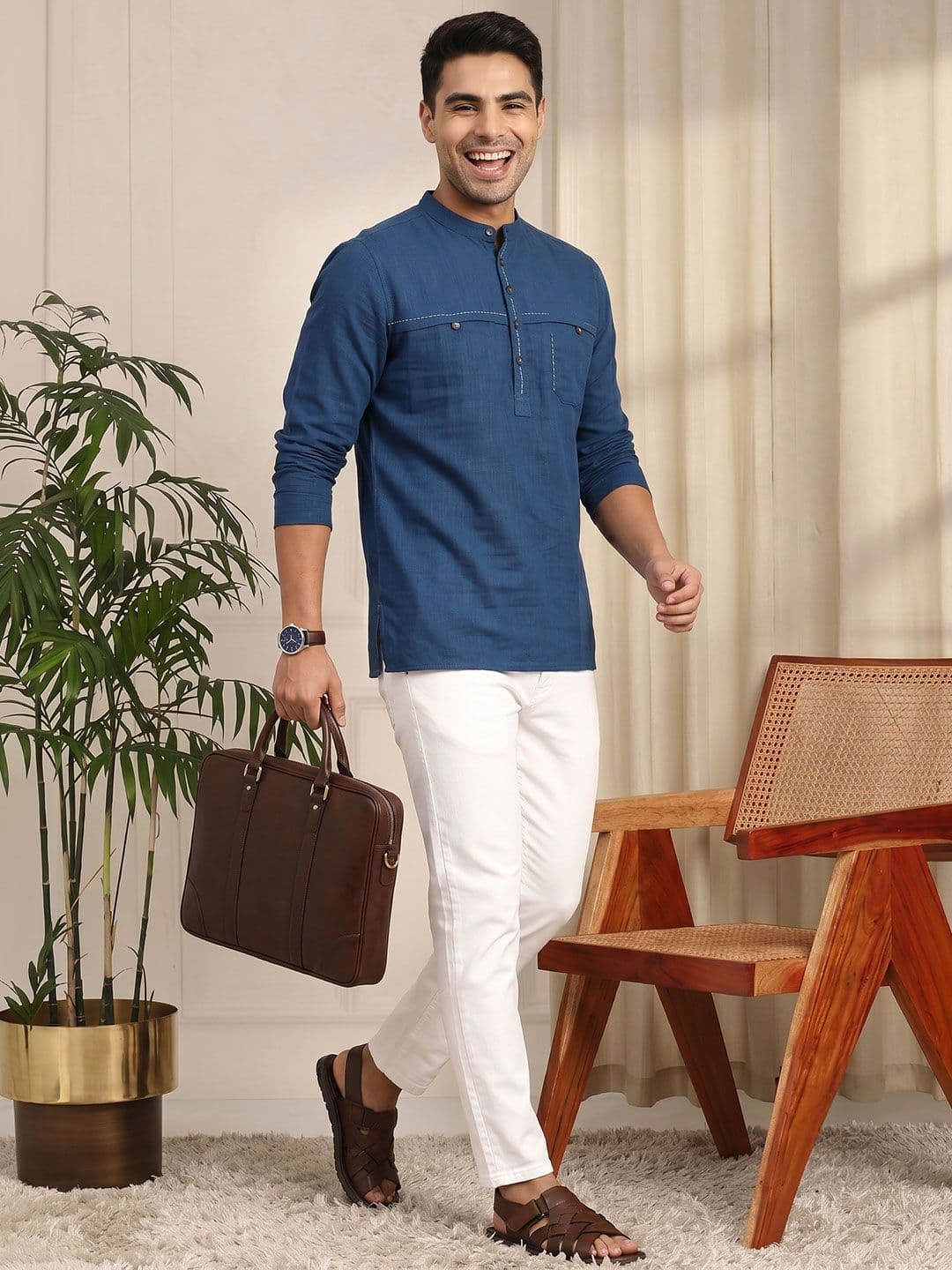 Anouk Men Navy Blue Thread Work Short Kurta - view 1