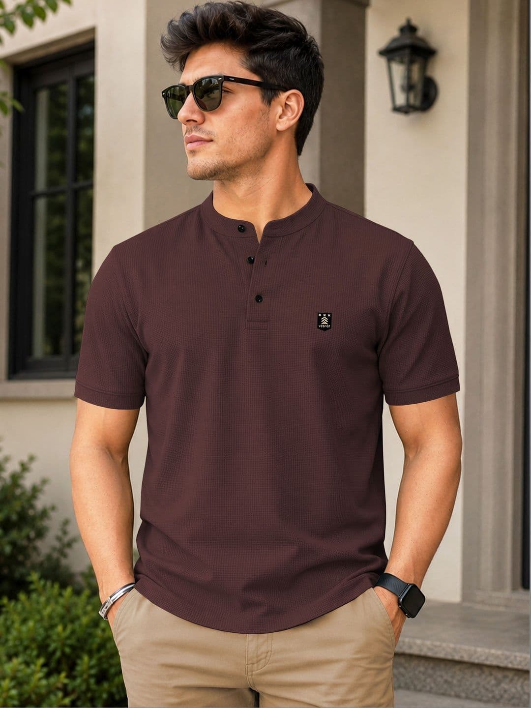 VeBNoR Men Mandarin Collar Pockets T-shirt - view 1