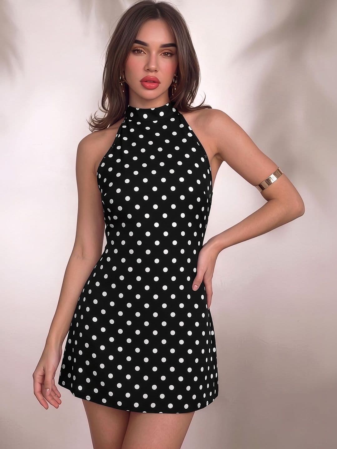 AAHWAN Polka Dot Print Halter Neck Applique Bodycon Mini Dress - view 1