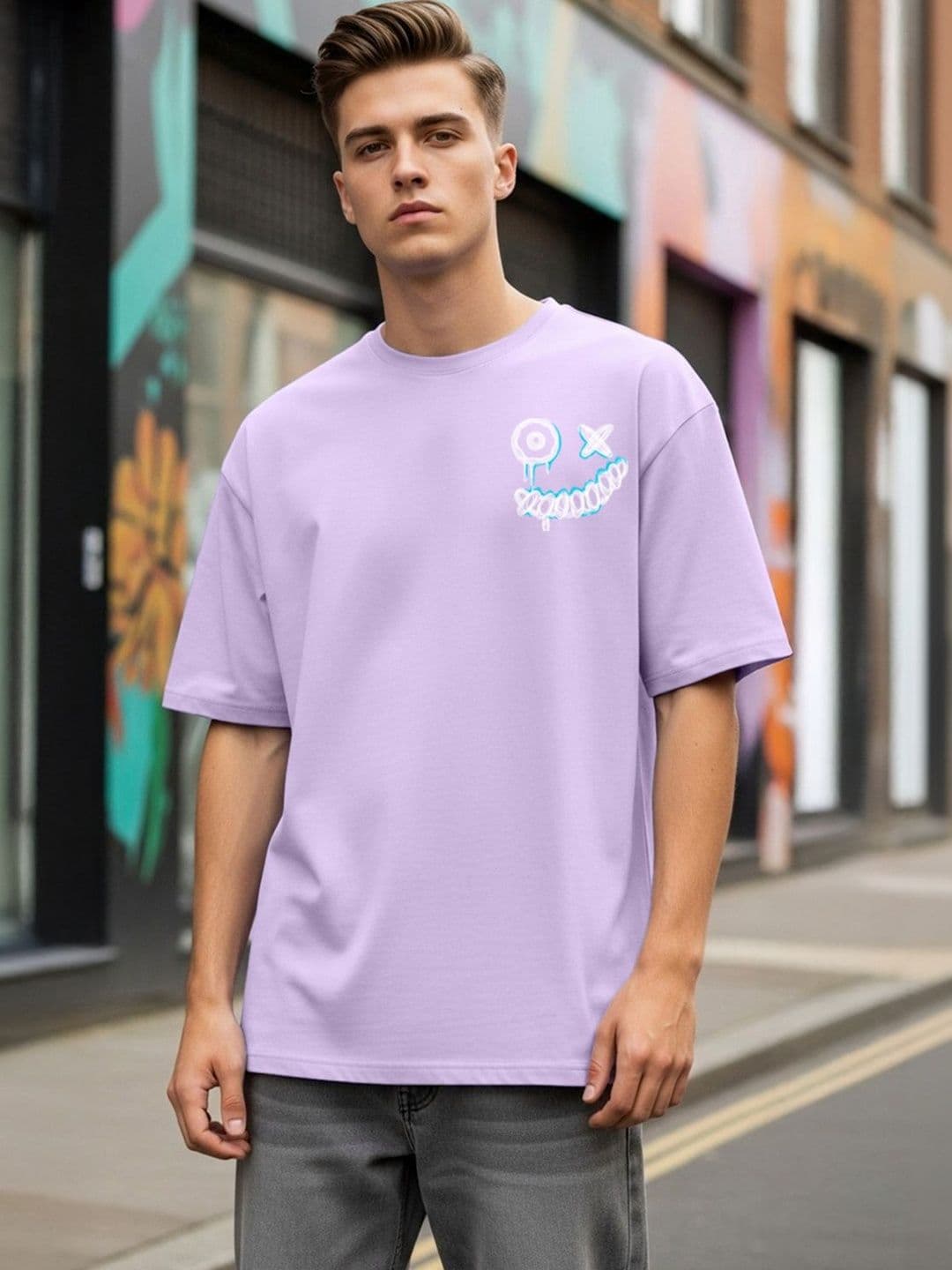 LazyGreg Lavender Relaxed Fit Graphic T-shirt with Drop-Shoulder Sleeves - view 1
