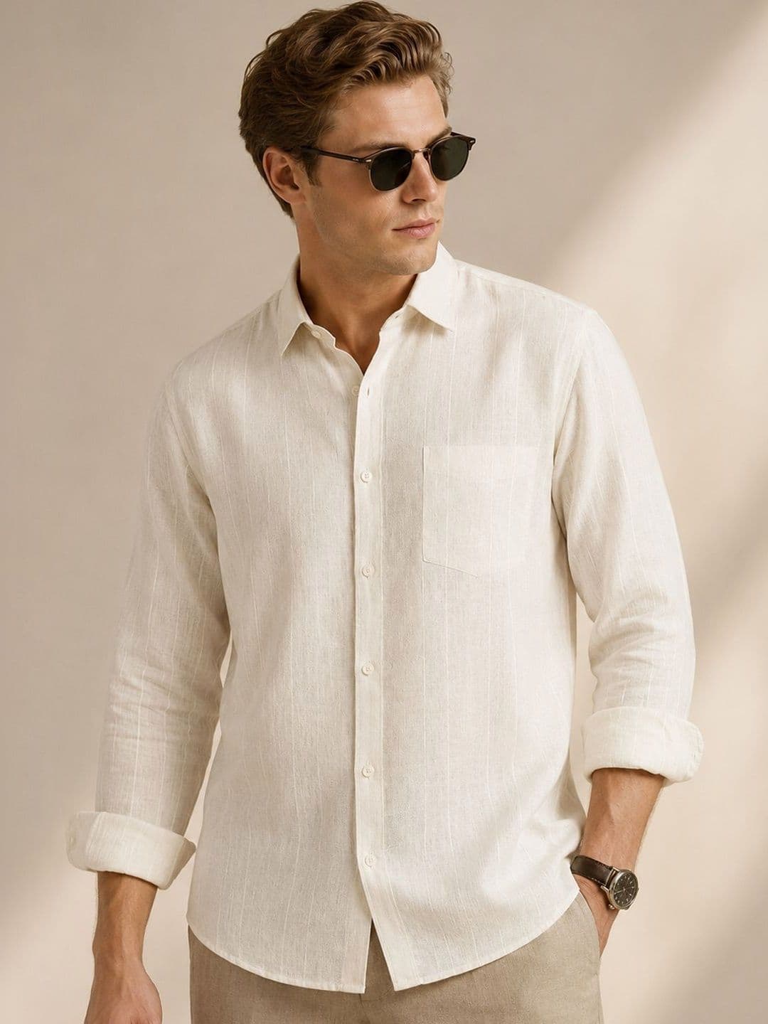 Hancock Men Vertical Striped Linen Slim Fit Formal Shirts - view 1