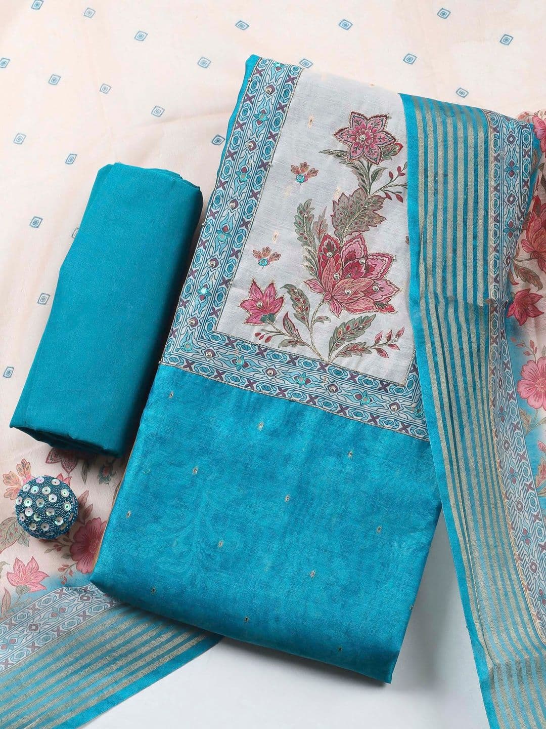 Meena Bazaar Printed Art Silk Unstitched Dress Material - view 1