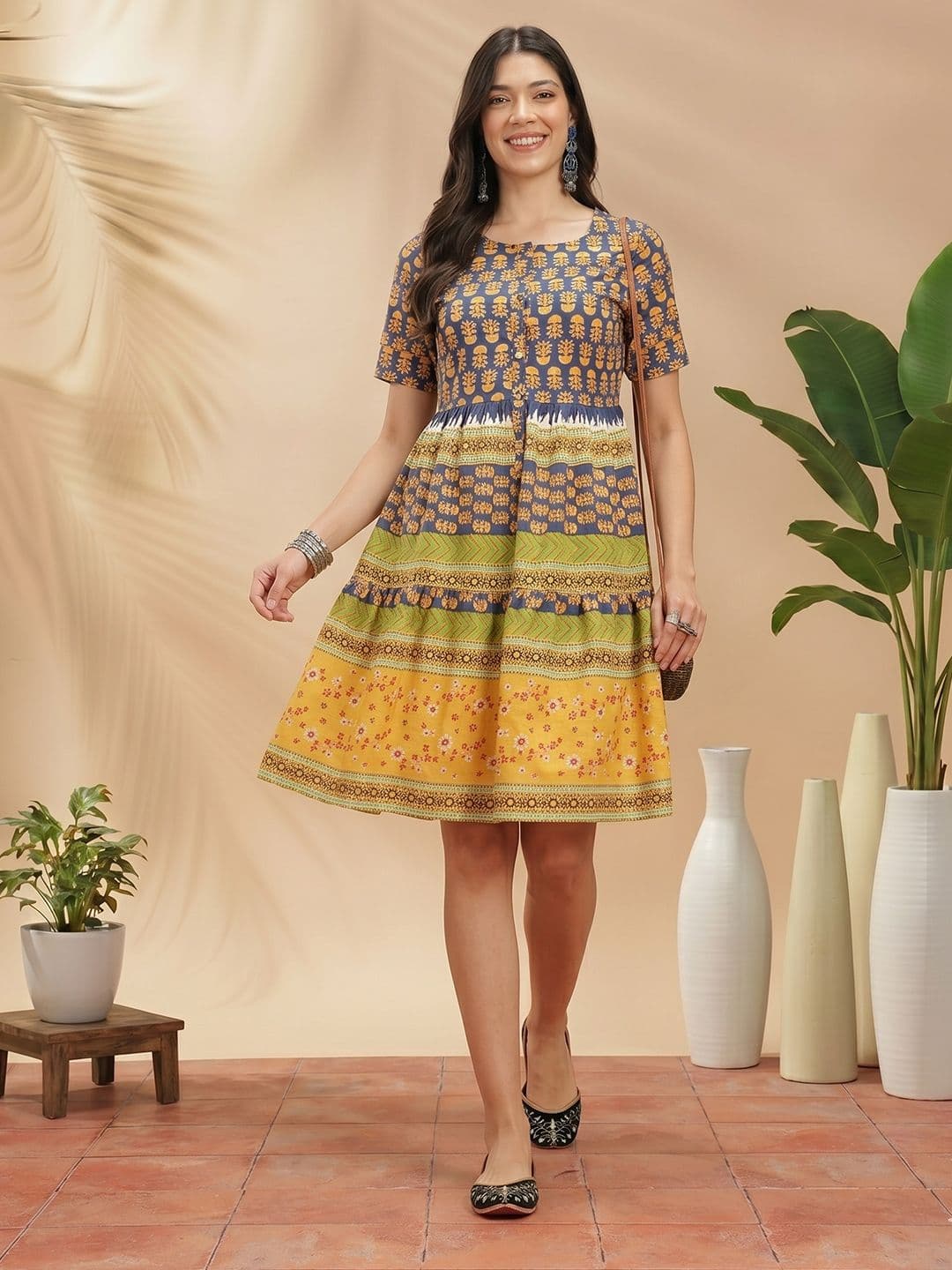 Sangria Floral Print Cotton A-Line Ethnic Dress - view 1