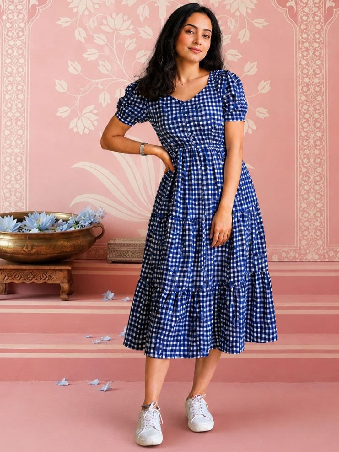 NAVYAAZRI Checked Puff Sleeve A-Line Midi Dress - view 1