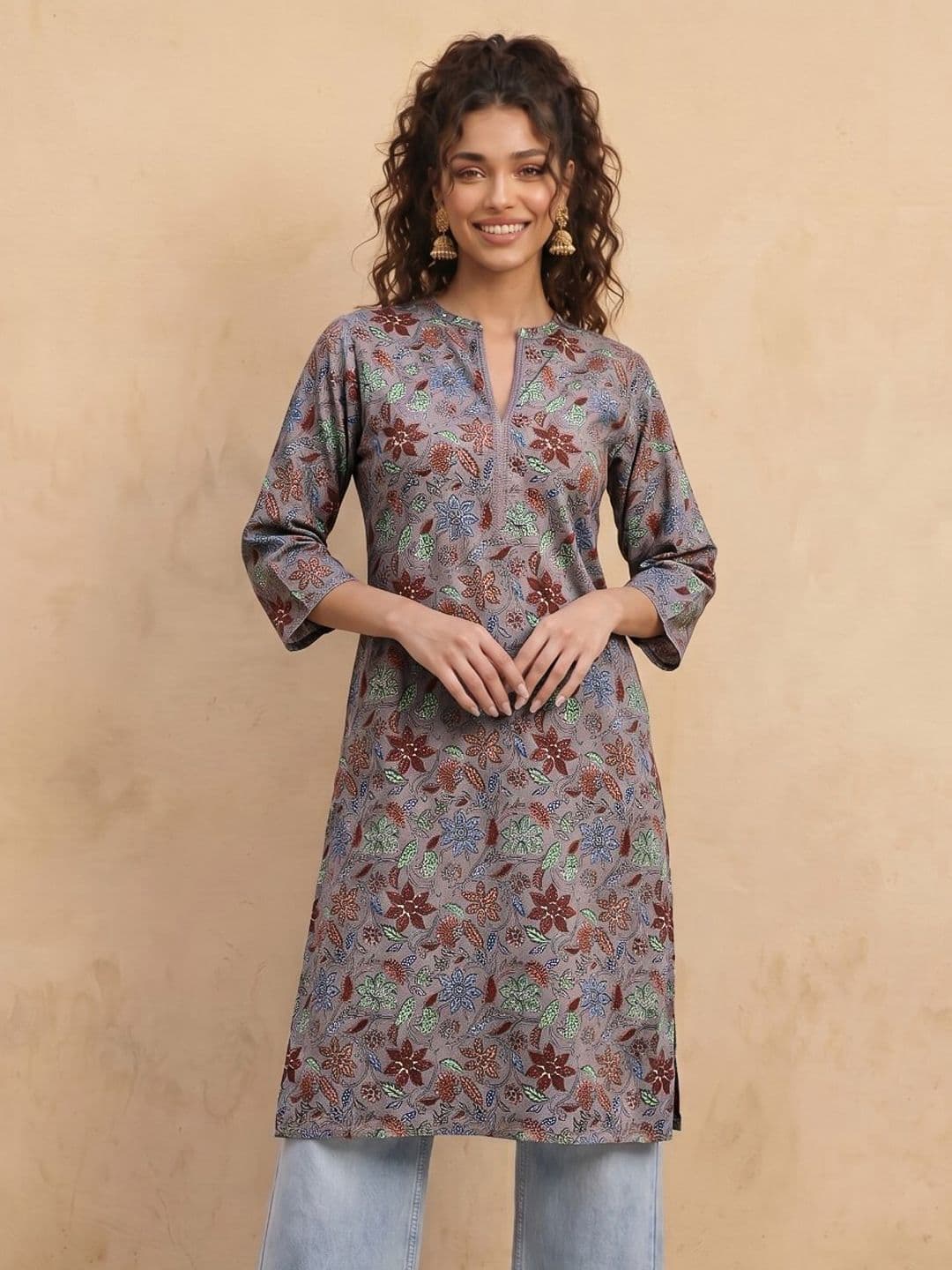 fusion by glitchez Floral Printed Mandarin Collar Straight Kurta - view 1