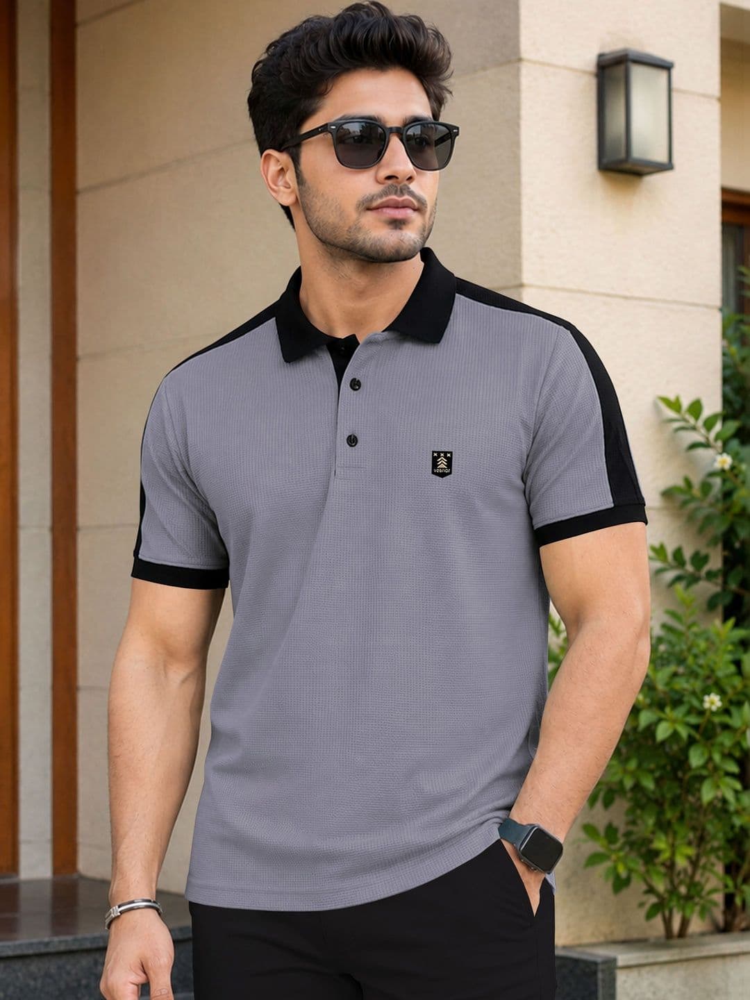 VeBNoR Self Design Colourblocked Polo Collar T-Shirt - view 1