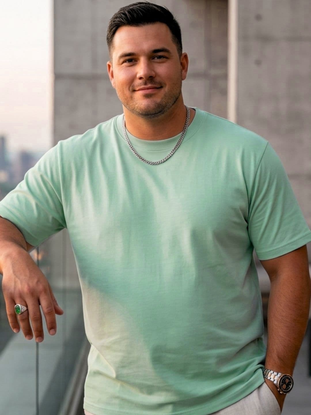 HERE&NOW Rigo Plus Size Men Jade Solid Round Neck Regular Fit Cotton T-shirt - view 1