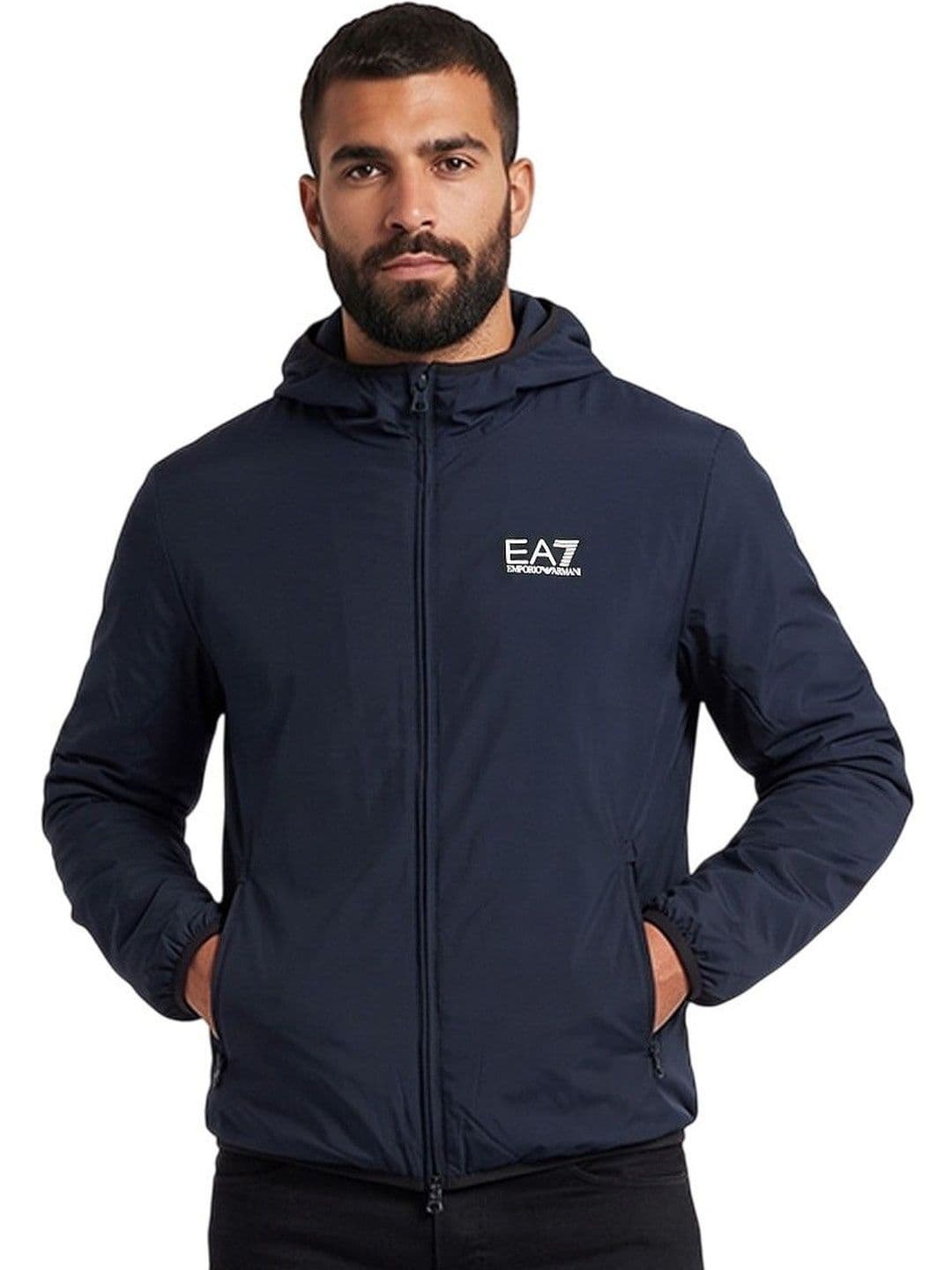 EA7 Emporio Armani Navy Blue Solid Hood Jacket - view 1