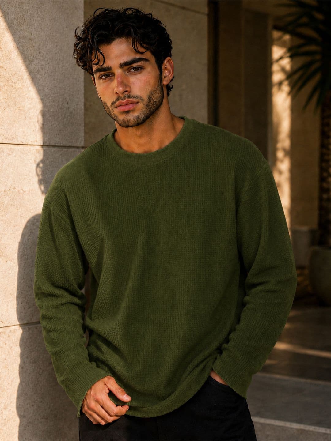 Friskers Self Design Round Neck Long Sleeves Oversized Cotton T-shirt - view 1