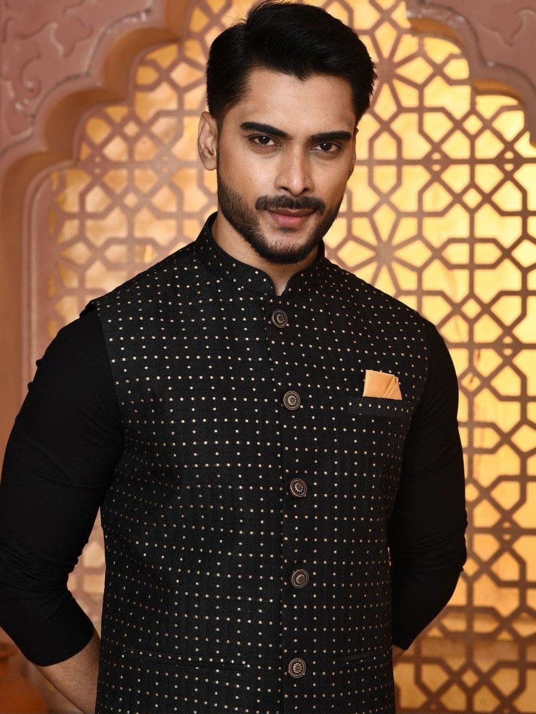 WANAS Men Motif Design Black & Gold Jacquard Nehru Jacket - view 1