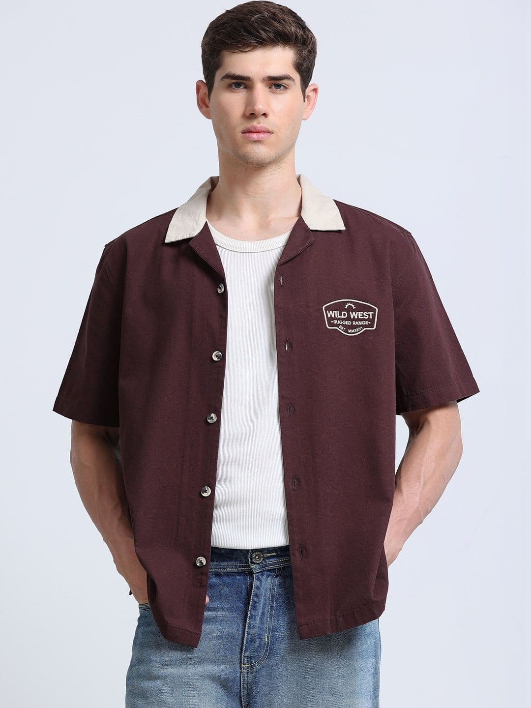 GLORYBOYZ Men Relaxed Fit Contrast Collar Embroidered Half Sleeve Resort Shirt - view 1