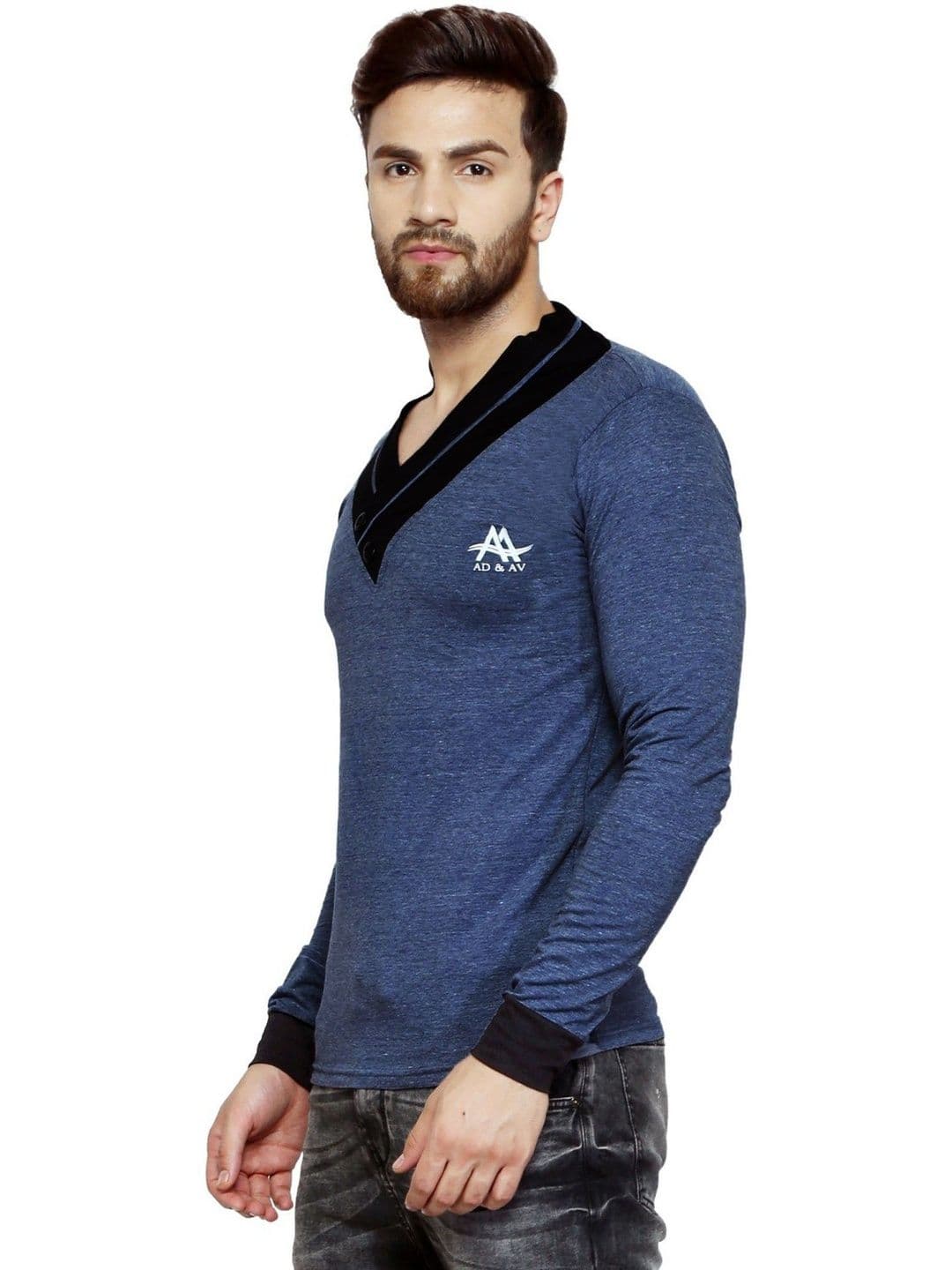 AD & AV Men Brand Logo Printed V-Neck Pockets Slim Fit T-shirt - view 1