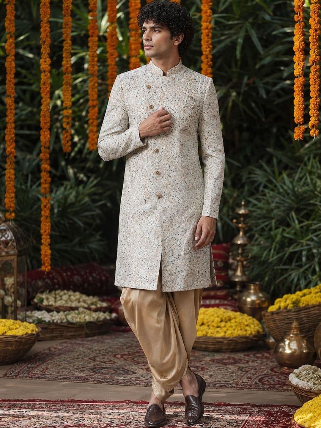SOURAGYA Printed Mandarin Collar Sherwani Set - view 1