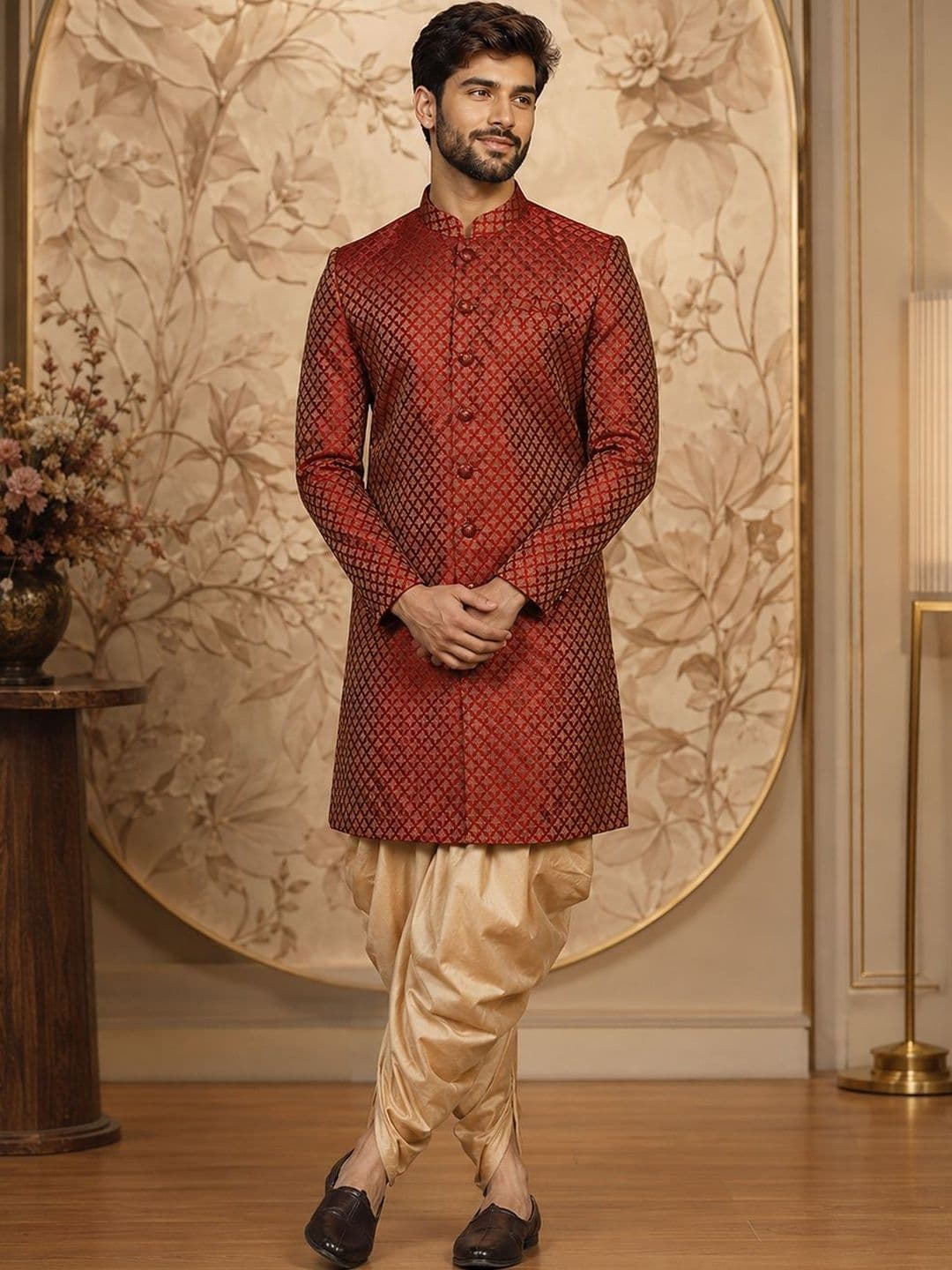 SOURAGYA Self Design Mandarin Collar Sherwani Set - view 1