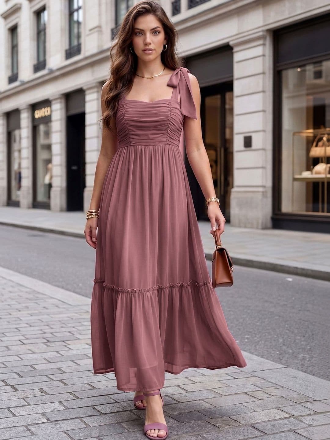 aayu Women Solid Shoulder Straps Chiffon Pleated Maxi Dress - view 1