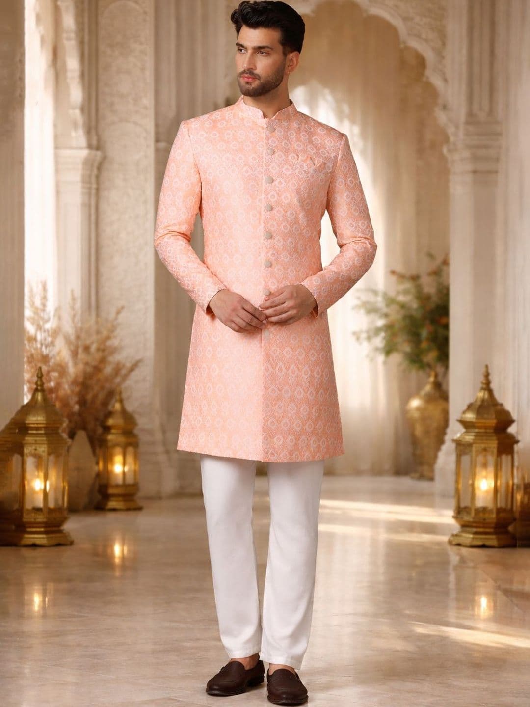 SOURAGYA Self Design Mandarin Collar Sherwani Set - view 1