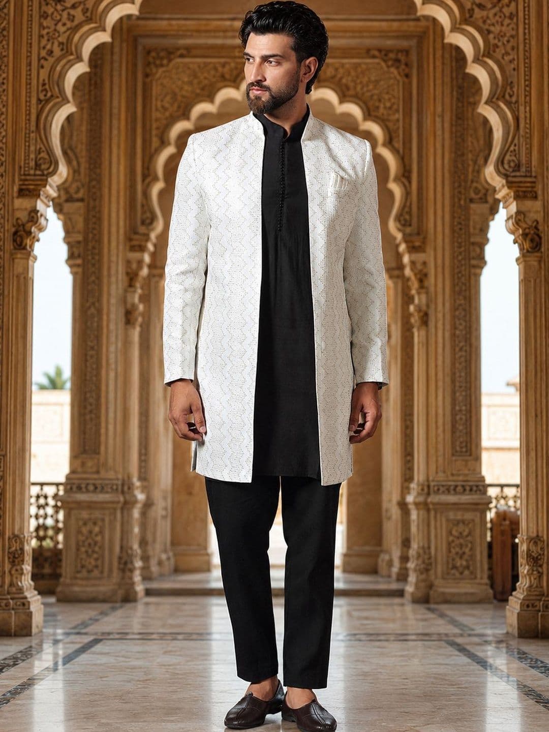 SOURAGYA Embroidered Mandarin Collar Sherwani - view 1