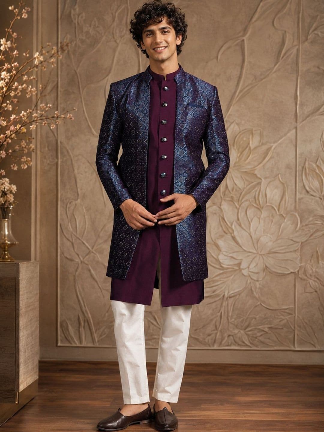 SOURAGYA Embroidered Mandarin Collar Sherwani Set - view 1