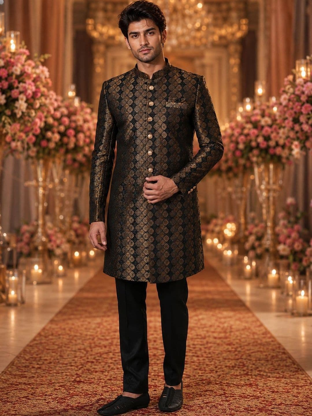 SOURAGYA Embroidered Mandarin Collar Sherwani - view 1