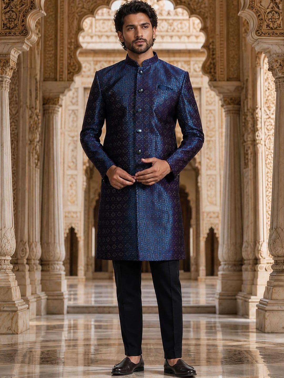 SOURAGYA Embroidered Mandarin Collar Sherwani - view 1