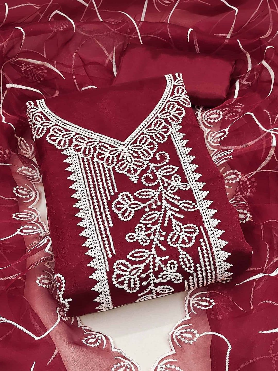 Peachmode Embroidered Organza Unstitched Dress Material - view 1