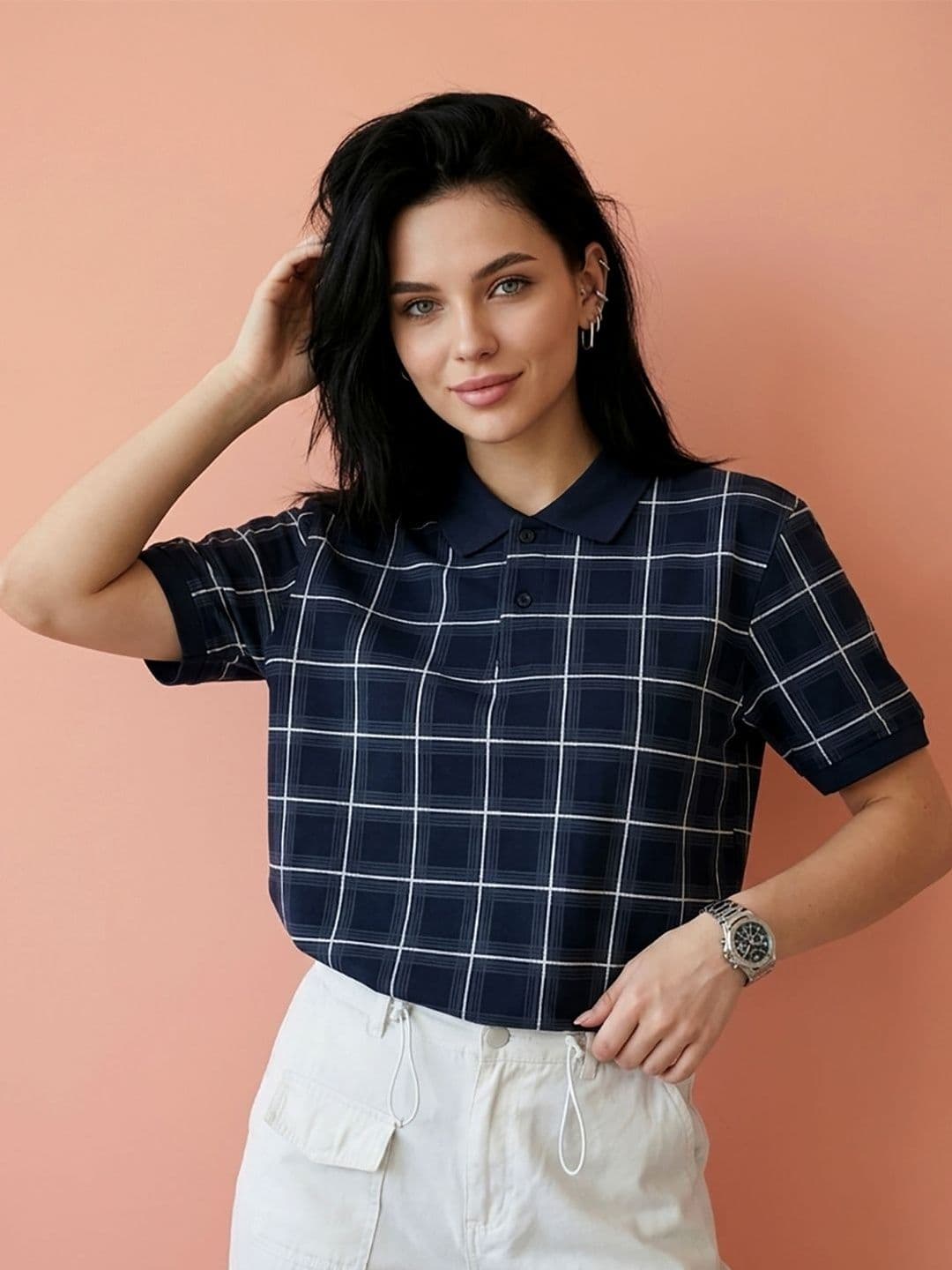 Moda Rapido Women Checked Polo Collar T-shirt - view 1