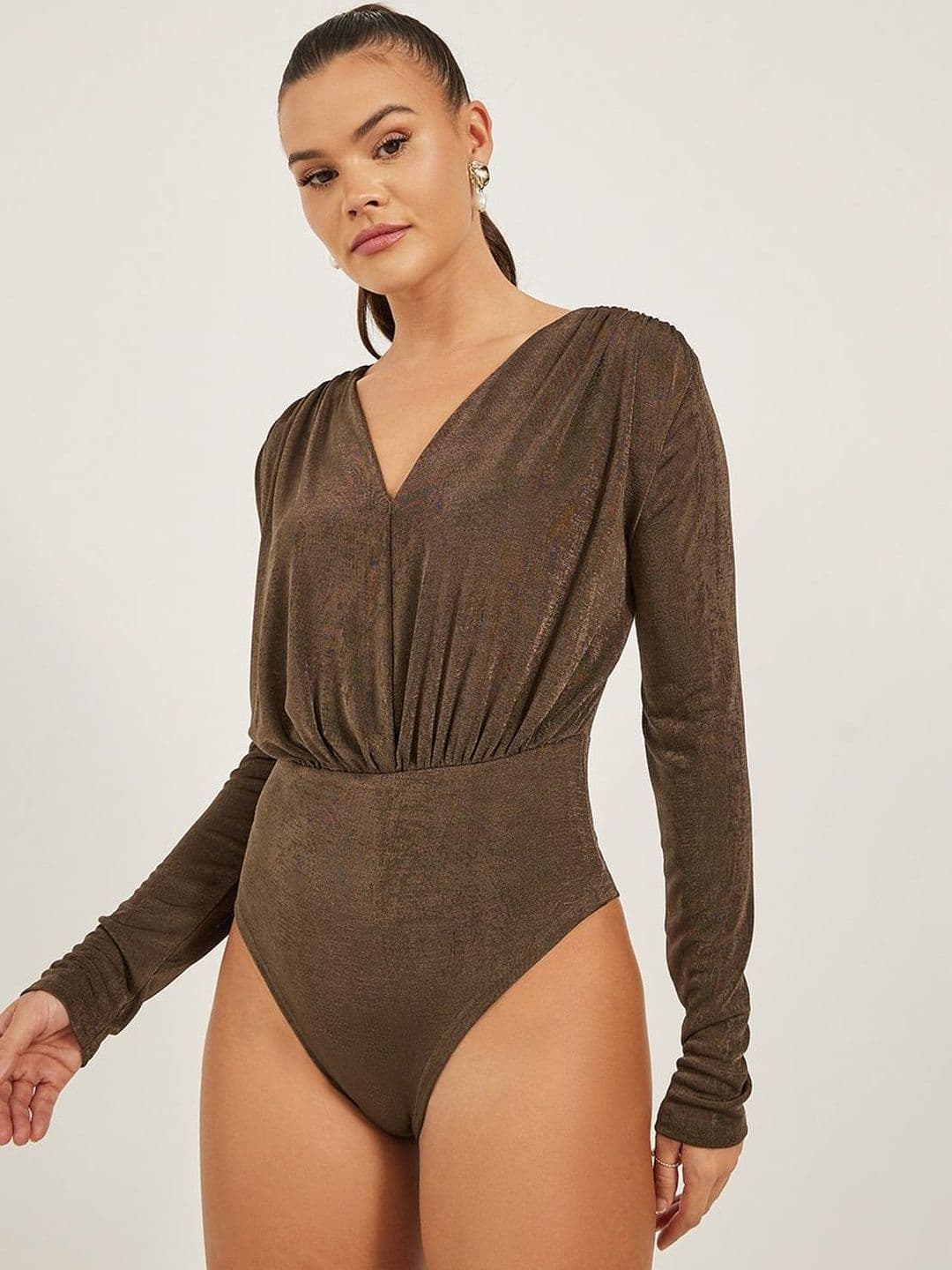 Styli Women Brown Solid Deep V Neck Wrap Bodysuit - view 1
