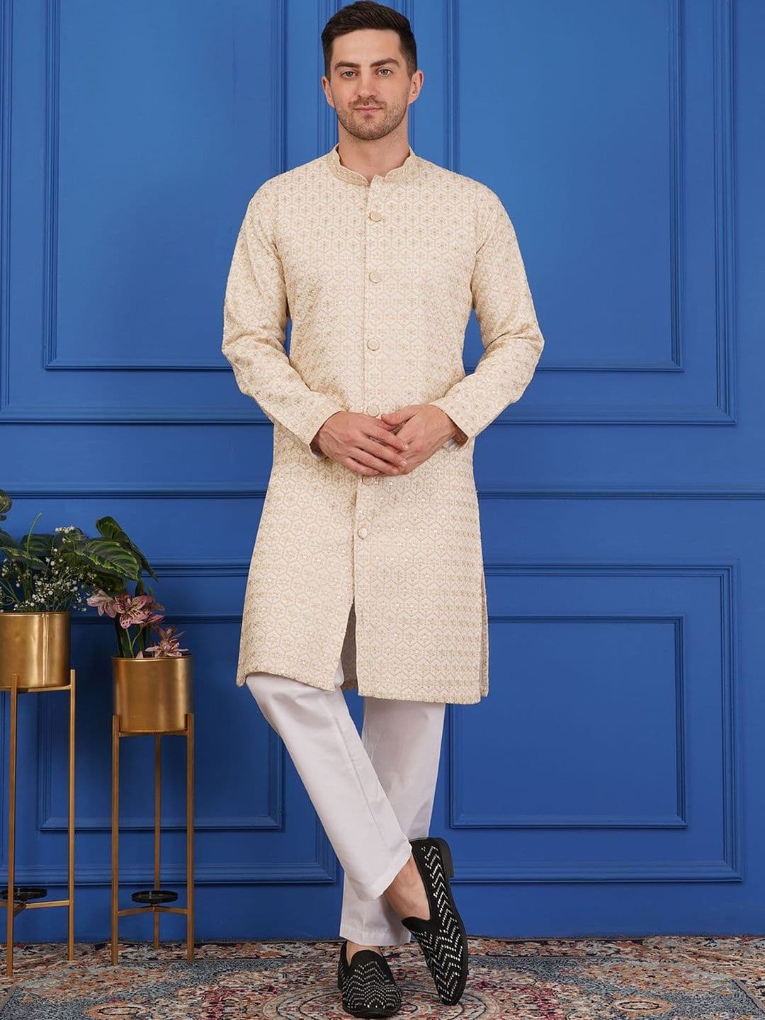ADHIRAJAN Embroidered Mandarin Collar Sherwani - view 1