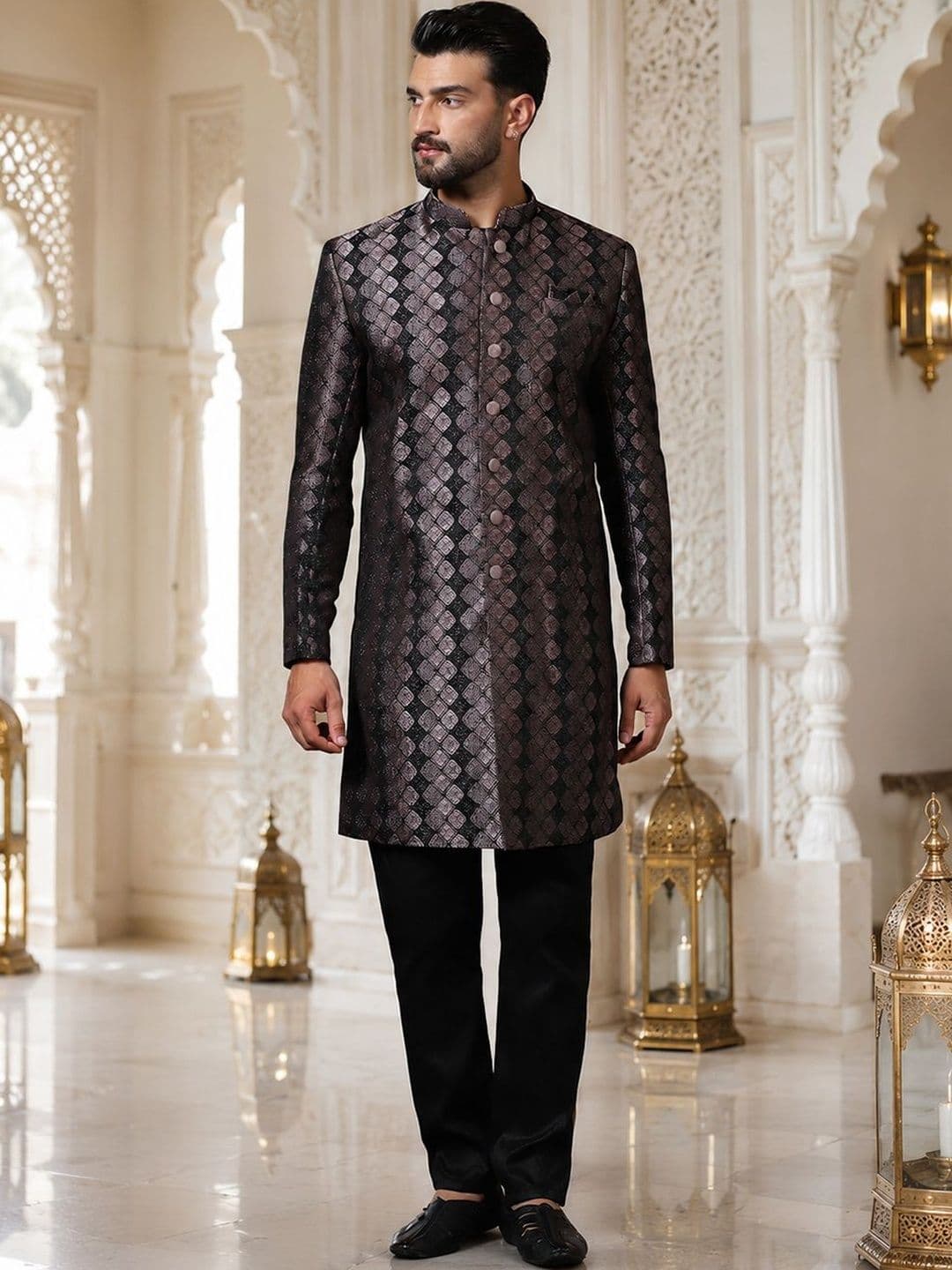 SOURAGYA Embroidered Mandarin Collar Sherwani - view 1