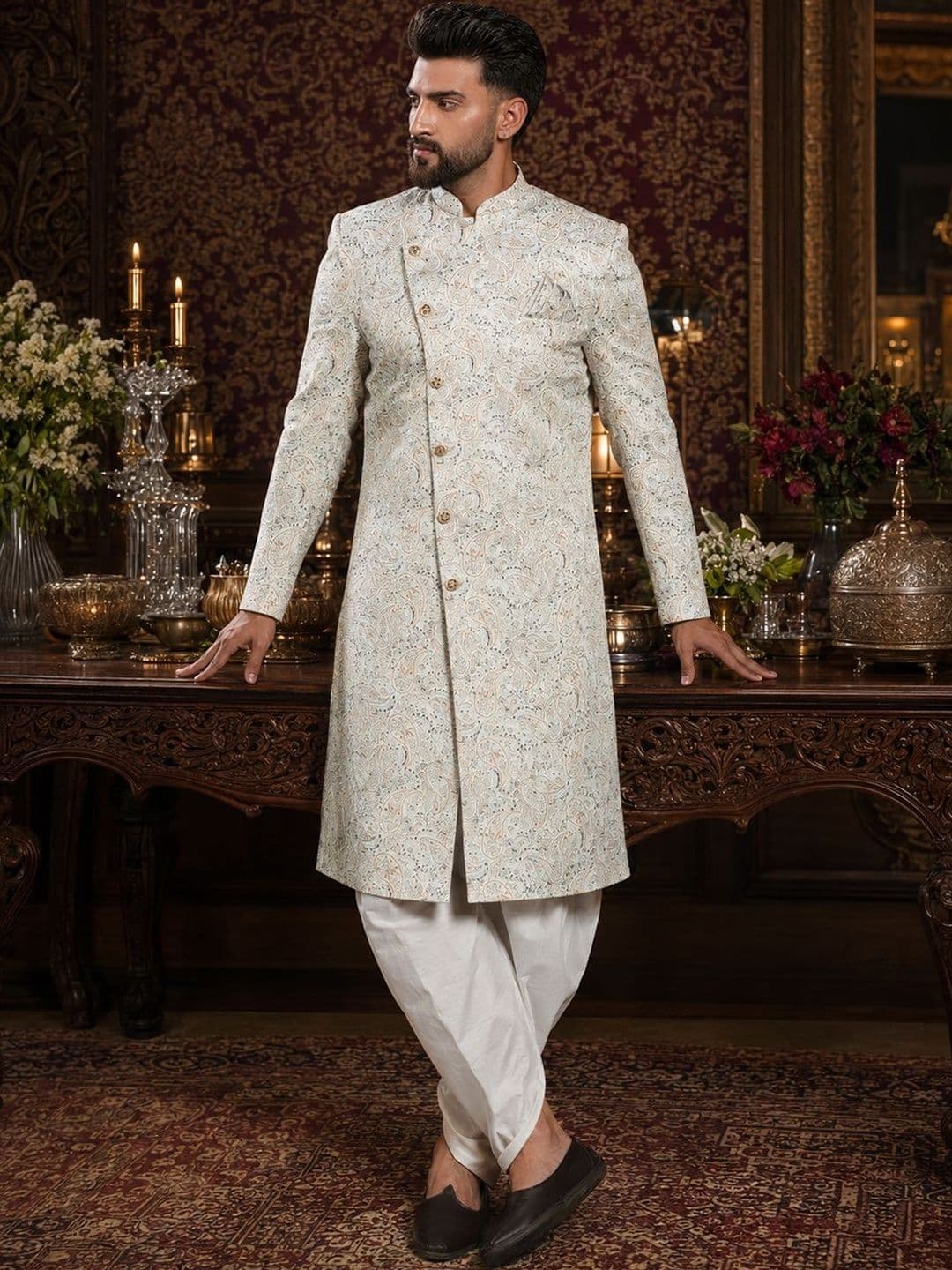 SOURAGYA Printed Mandarin Collar Sherwani Set - view 1