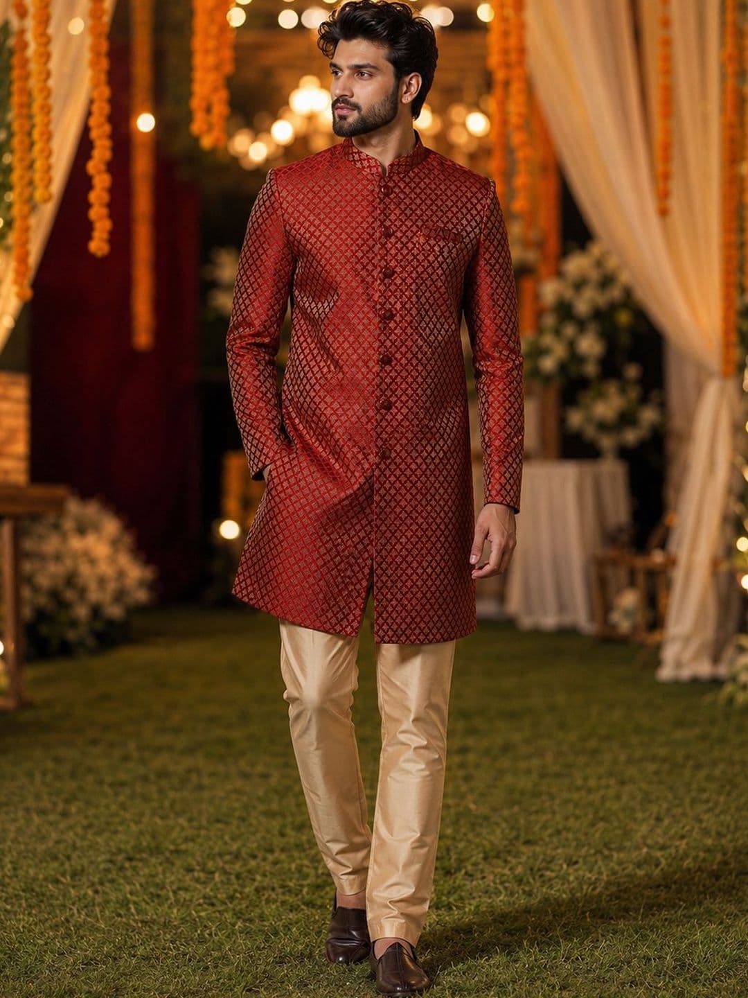 SOURAGYA Embroidered Mandarin Collar Sherwani - view 1
