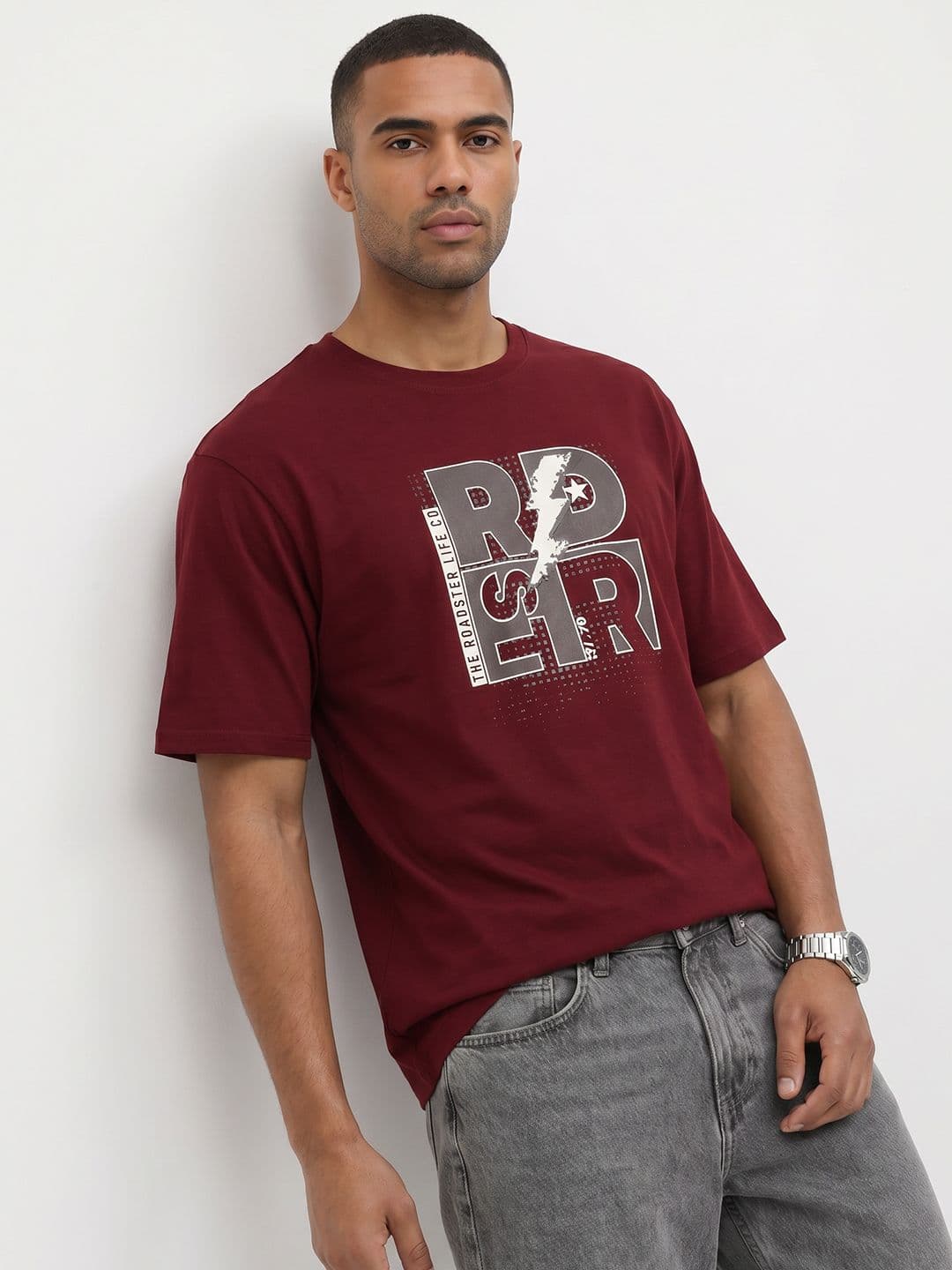 The Roadster Life Co. Printed Drop-Shoulder Sleeves Pure Cotton Relaxed Fit T-shirt - view 1