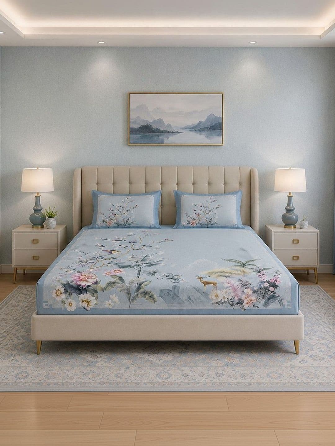 Signature Blue & White Floral 144 TC King Bedsheet with 2 Pillow Covers - view 1
