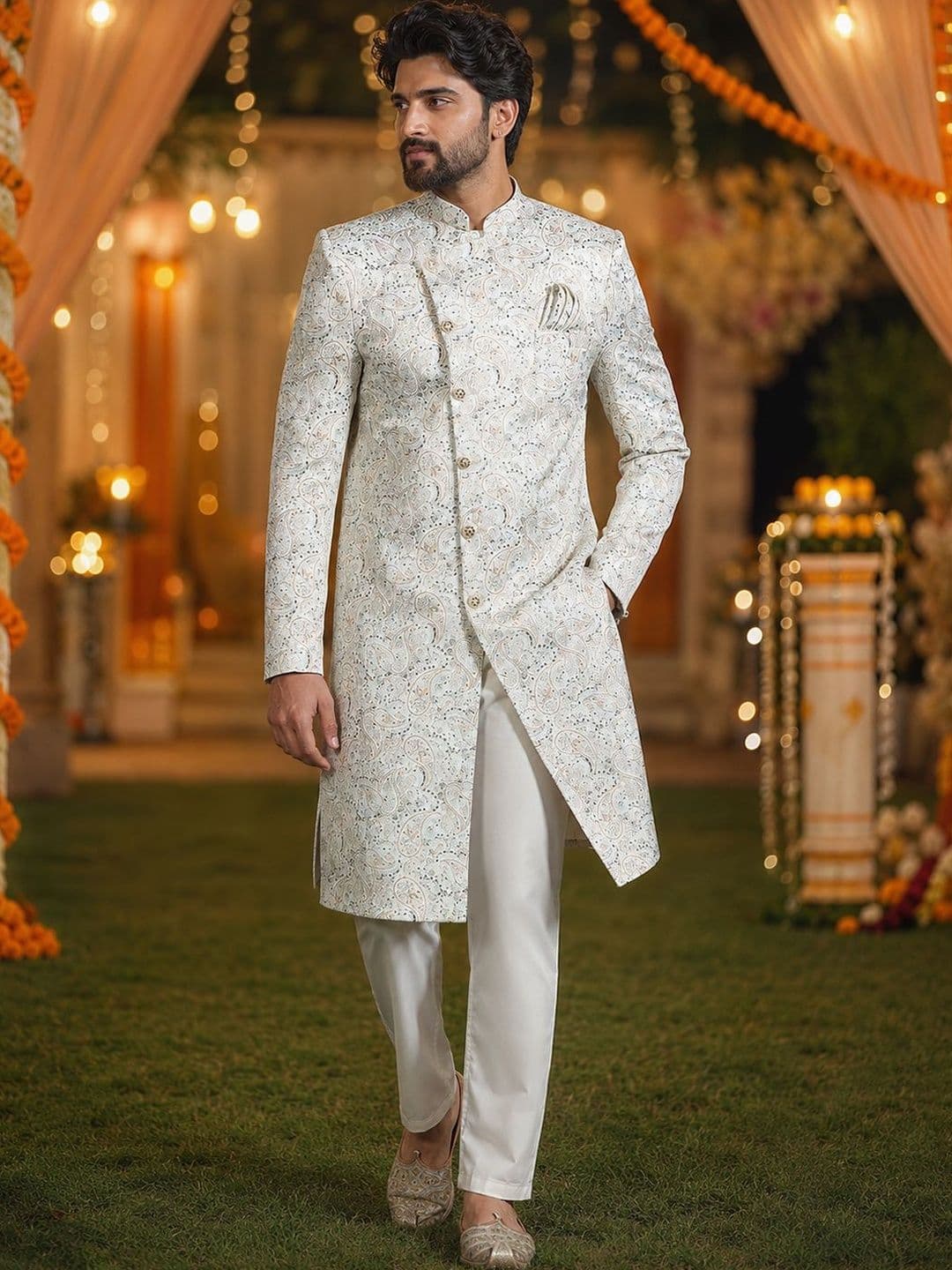 SOURAGYA Printed Mandarin Collar Sherwani Set - view 1