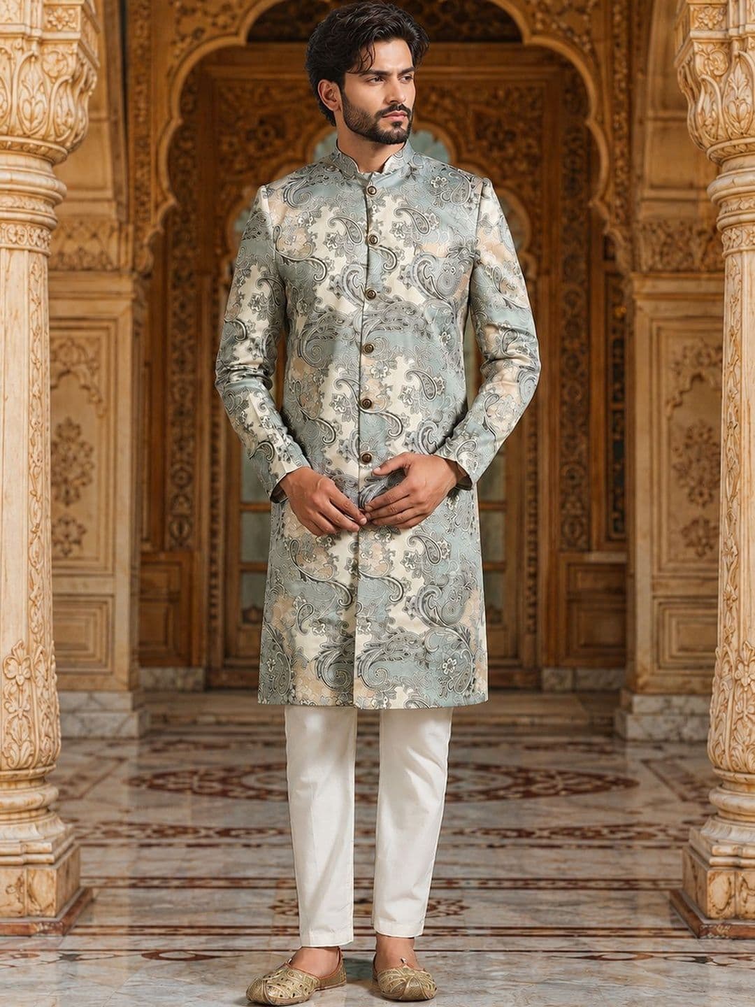 SOURAGYA Embroidered Mandarin Collar Sherwani - view 1