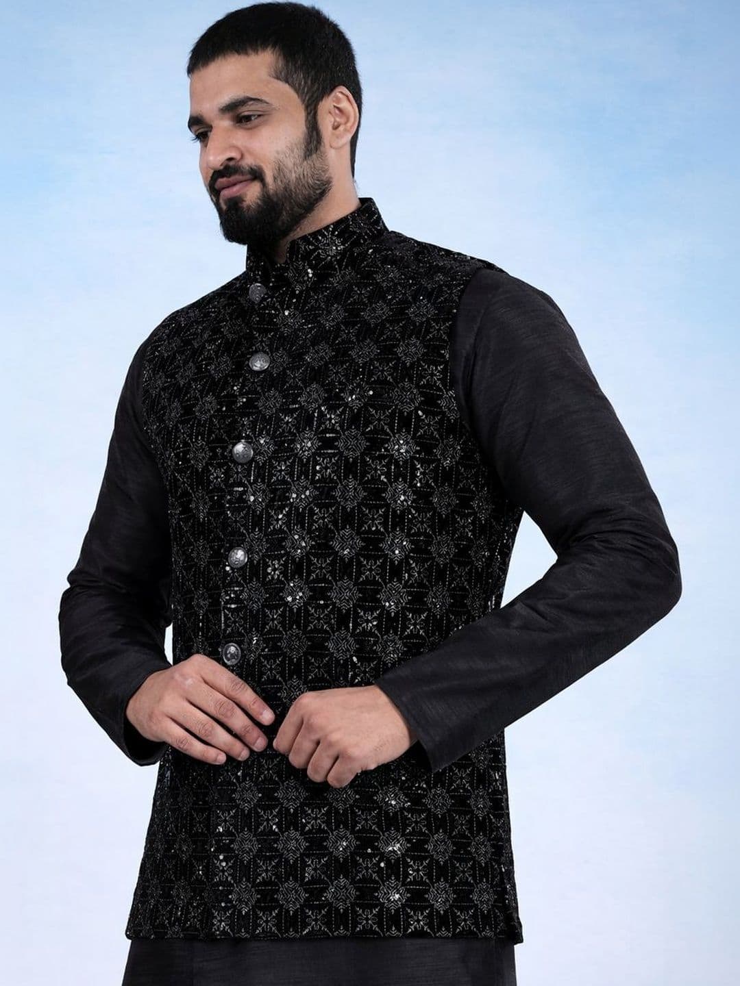 MODERN MUGHALS Embellished Velvet Nehru Jacket - view 1