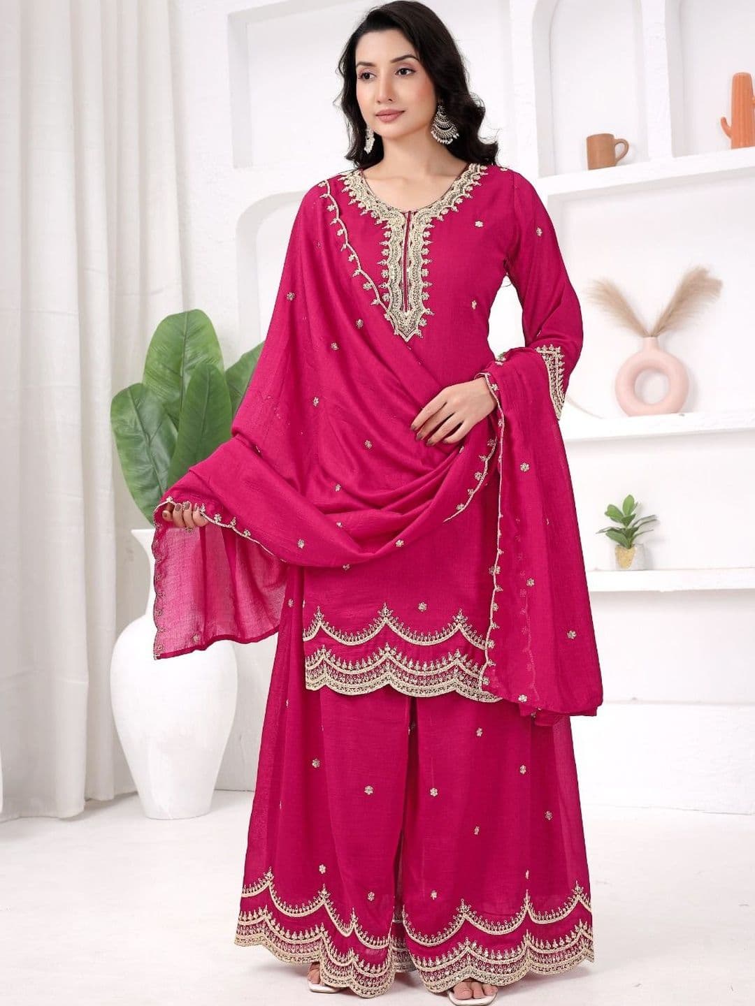 HAMSIKA Women Ethnic Motifs Embroidered Regular Kurta with Palazzos & With Dupatta - view 1