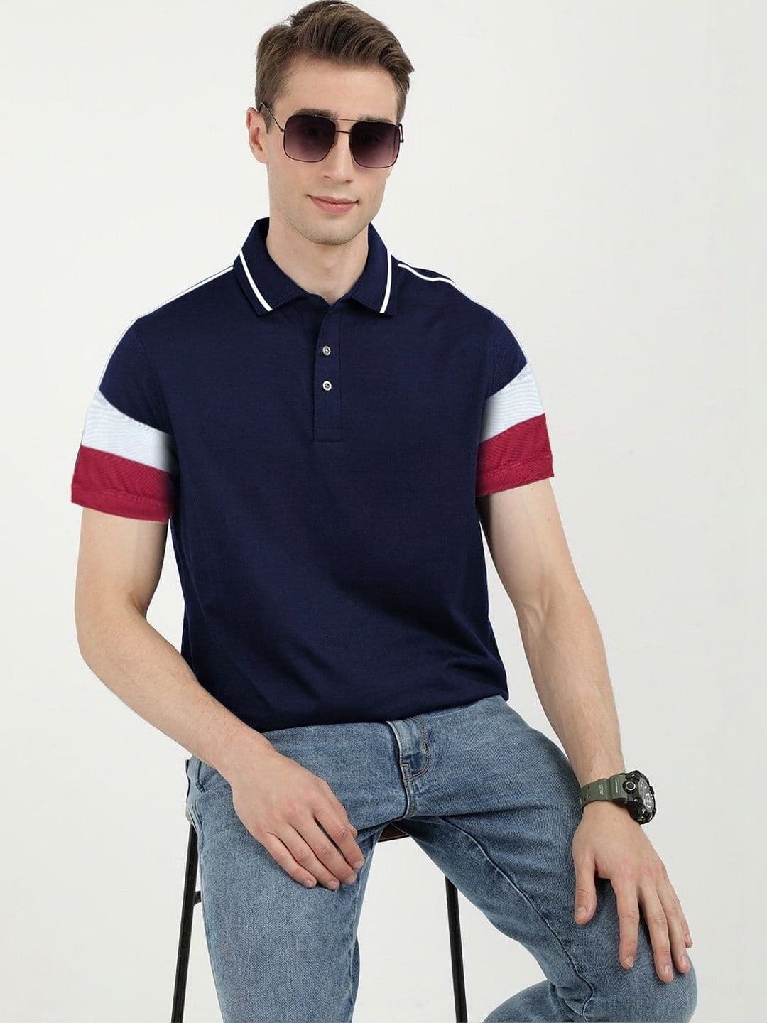 Leotude Cotton Colourblocked Short Sleeves Polo Collar Regular Fit T-Shirt - view 1