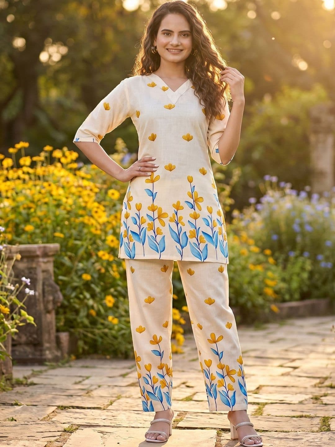ZELZIS Floral Cotton Printed Top with Trousers - view 1