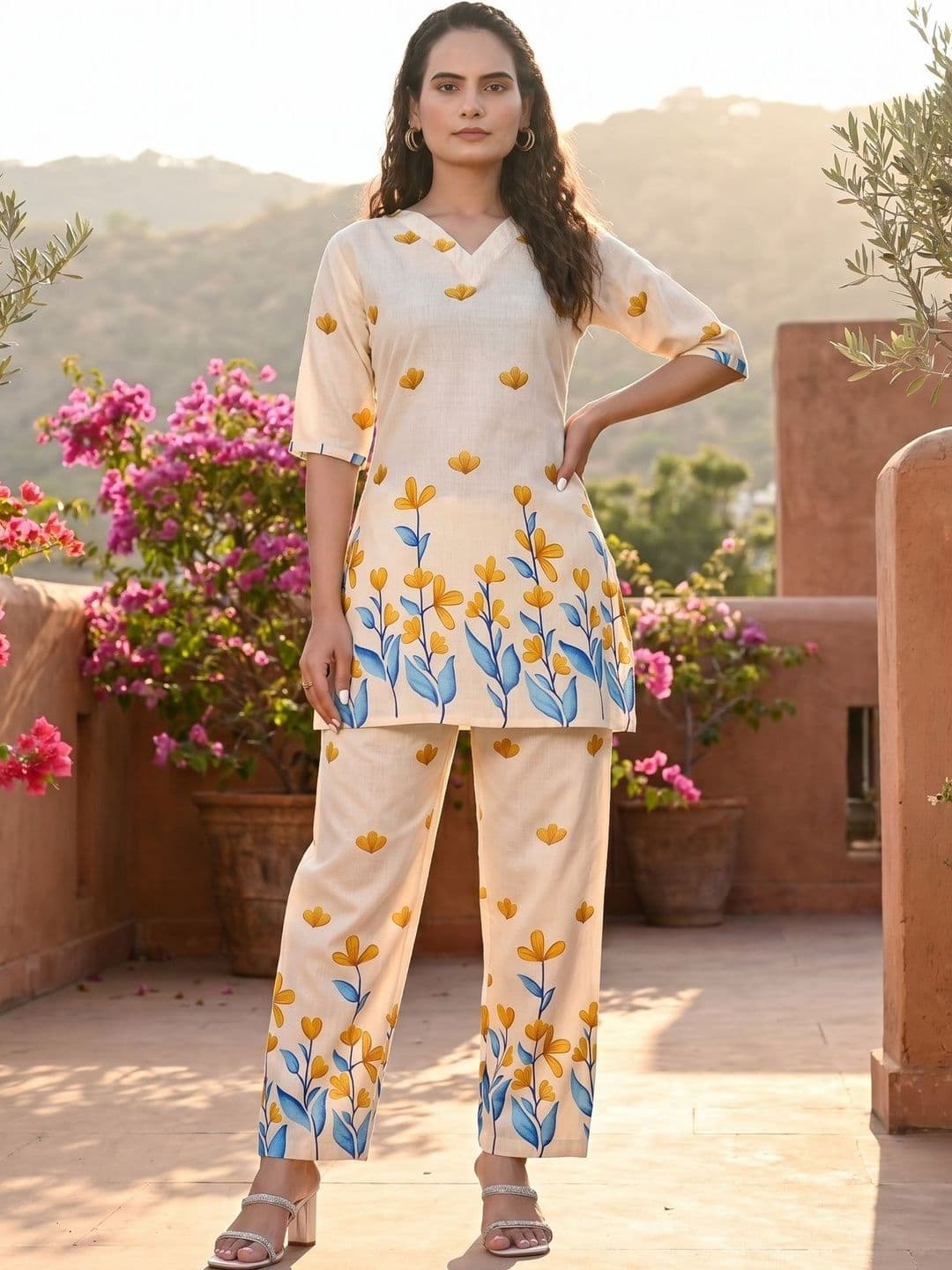 ZELZIS Floral Cotton Printed Top with Trousers - view 1