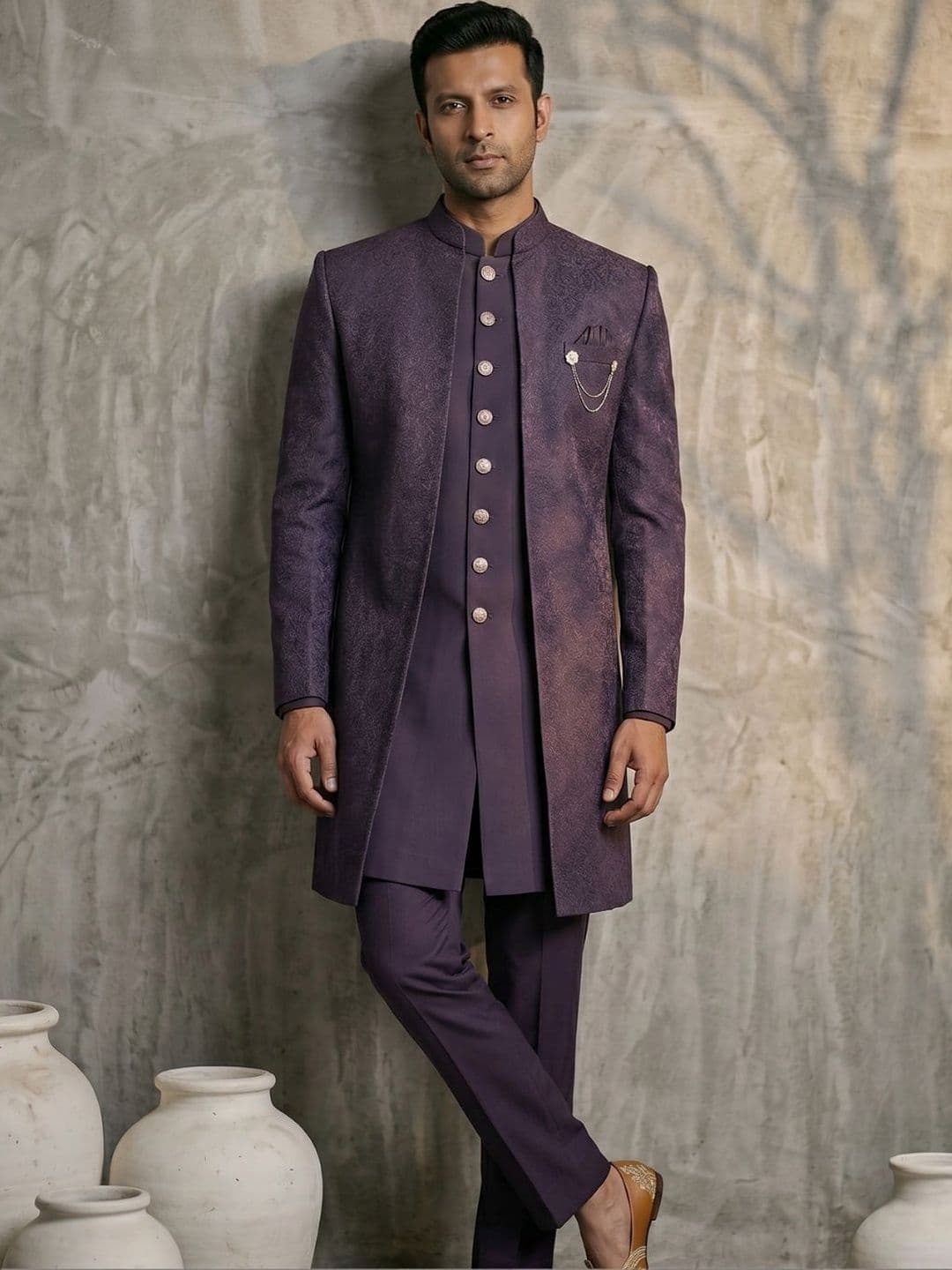TRIANGLE Self Design Mandarin Collar Sherwani - view 1
