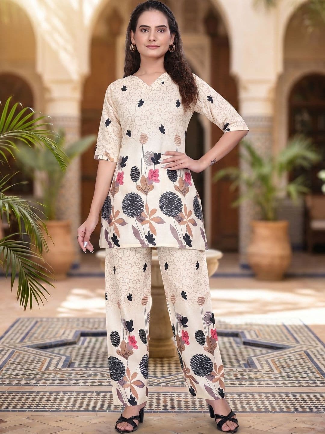 ZELZIS Floral Cotton Printed Top with Trousers - view 1
