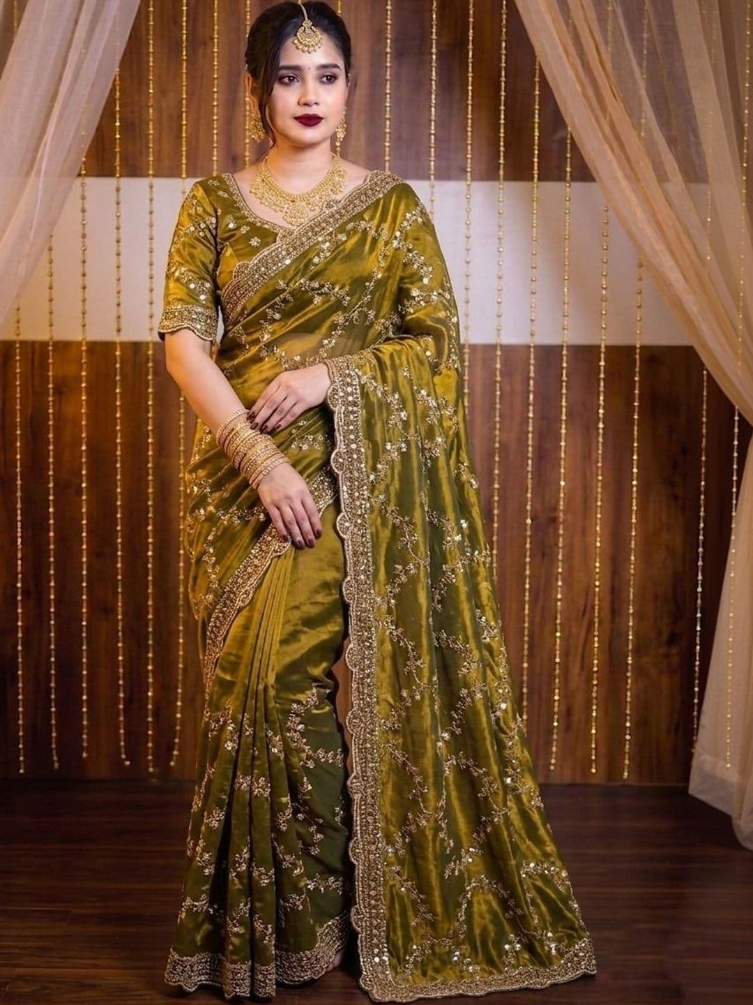 krisha fashion Floral Embroidered Satin Fusion Saree - view 1