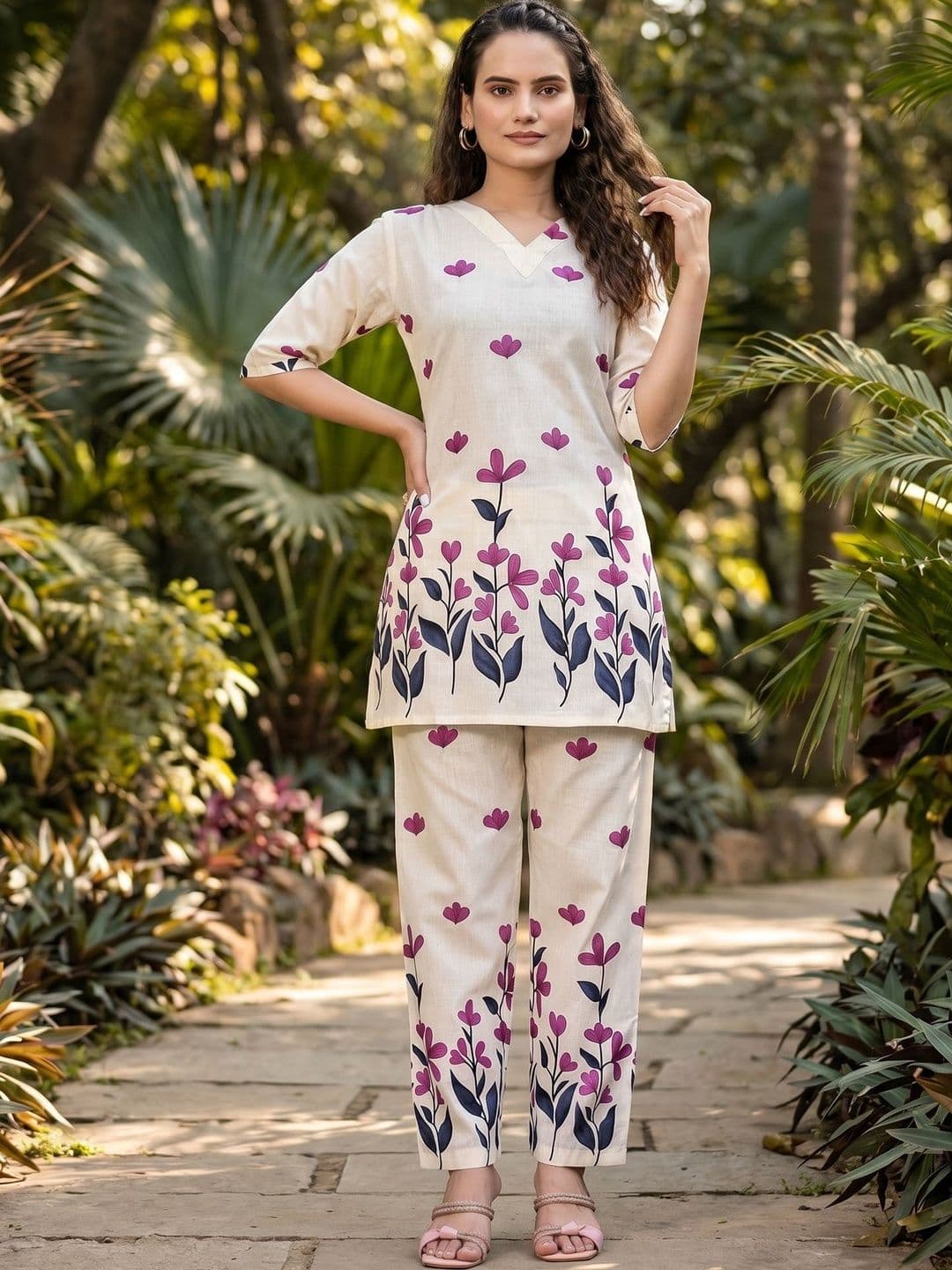 ZELZIS Floral Cotton Printed Top with Trousers - view 1