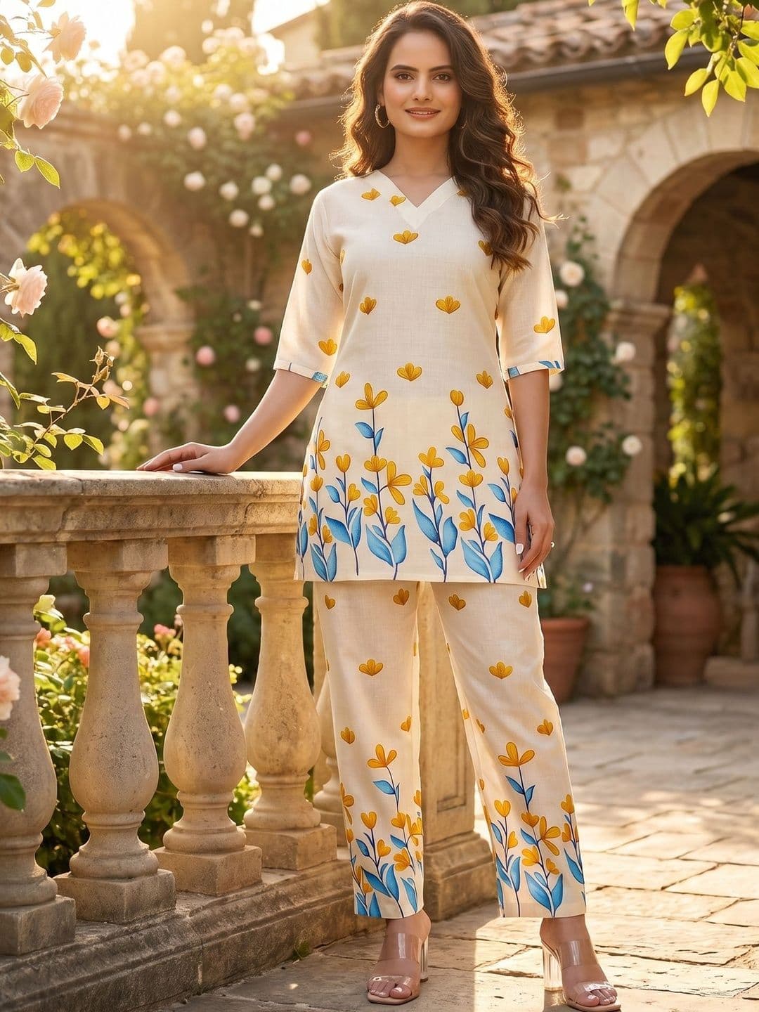 ZELZIS Floral Cotton Printed Top with Trousers - view 1