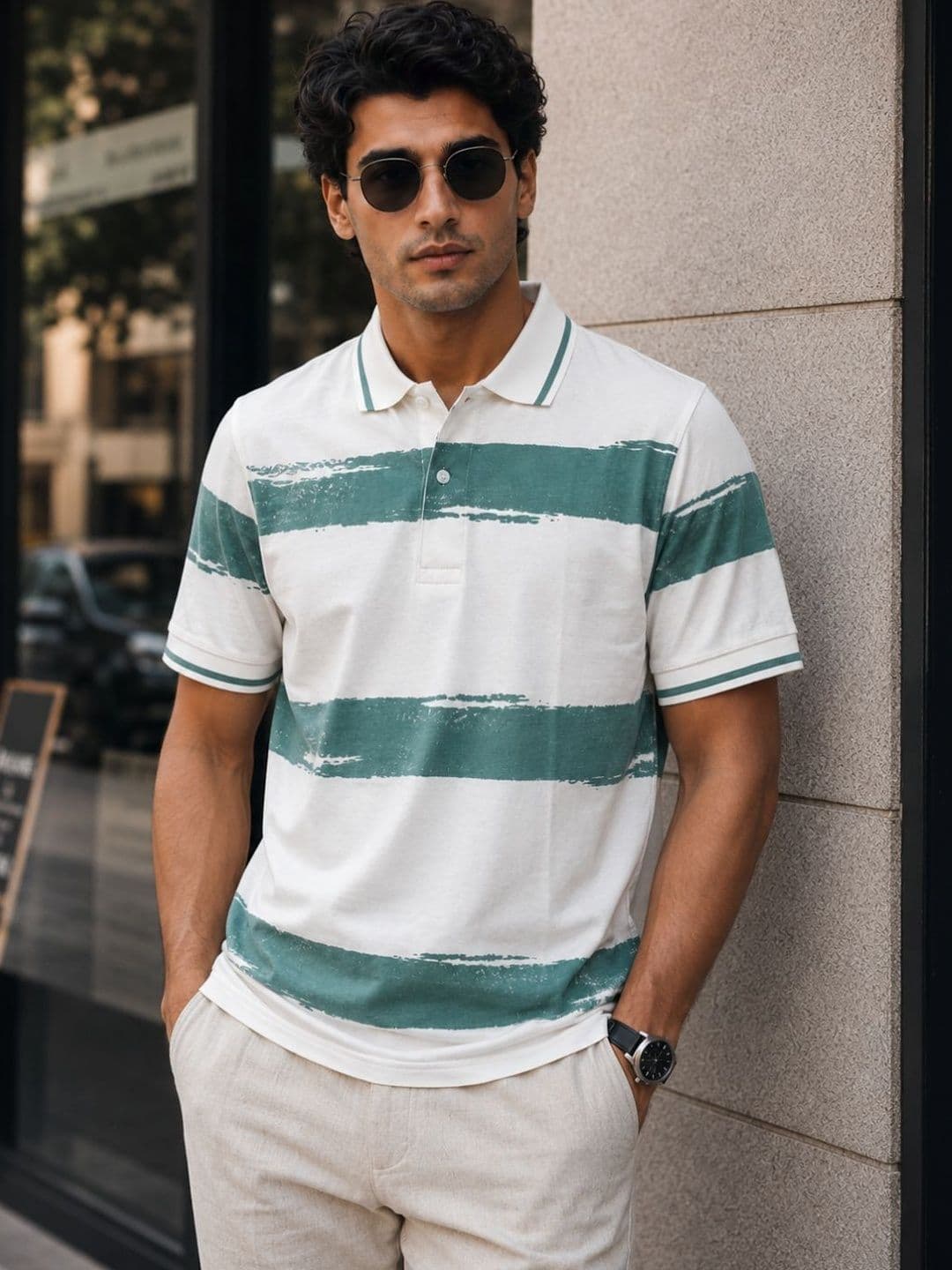 R.Code by The Roadster Life Co. Men Striped Polo Collar T-shirt - view 1