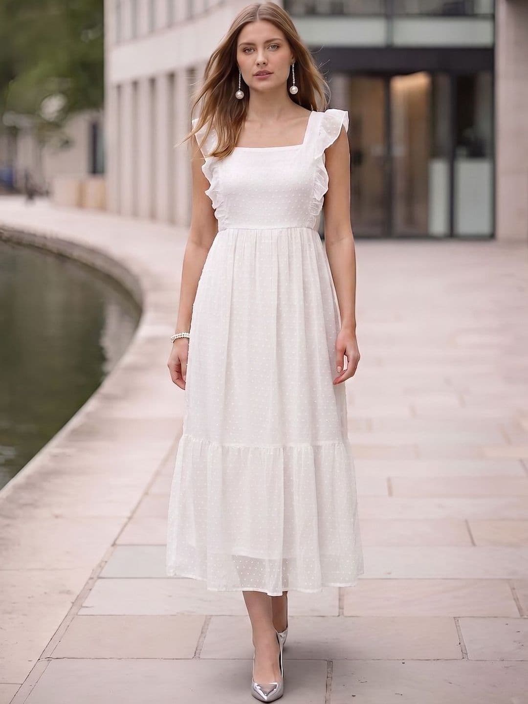 aayu Self Design Ruffles Detail Flounce Georgette Midi Fit & Flare Dress - view 1